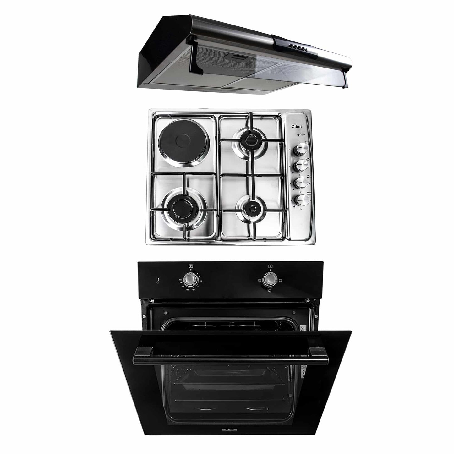 Pachet cuptor electric incorporabil 51L negru + plita gaz incorporabila inox + hota inox 2 motoare 1
