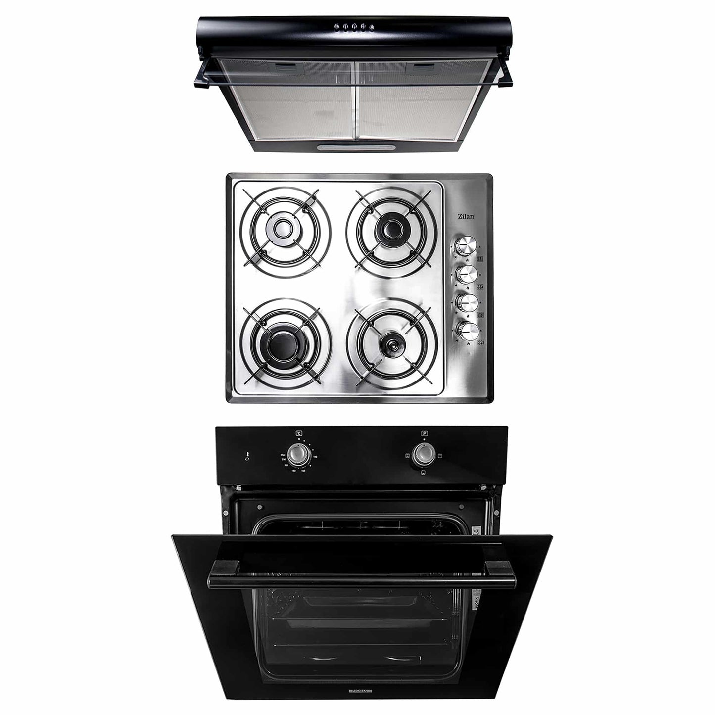 Pachet cuptor electric incorporabil 51L negru + plita gaz inox + hota 2 motoare 190W
