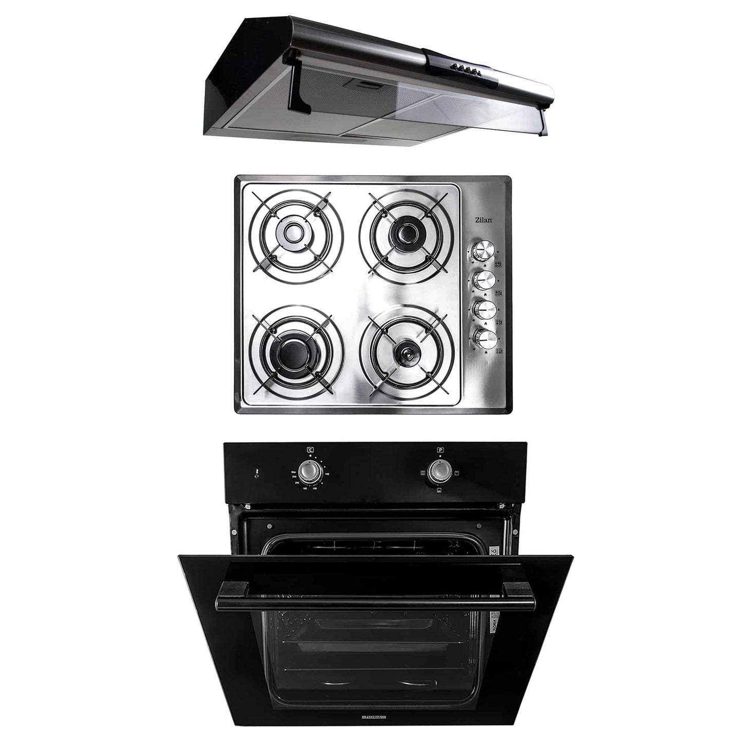 Pachet cuptor electric incorporabil 51L negru, plita gaz inox, hota inox 2 motoare 190W