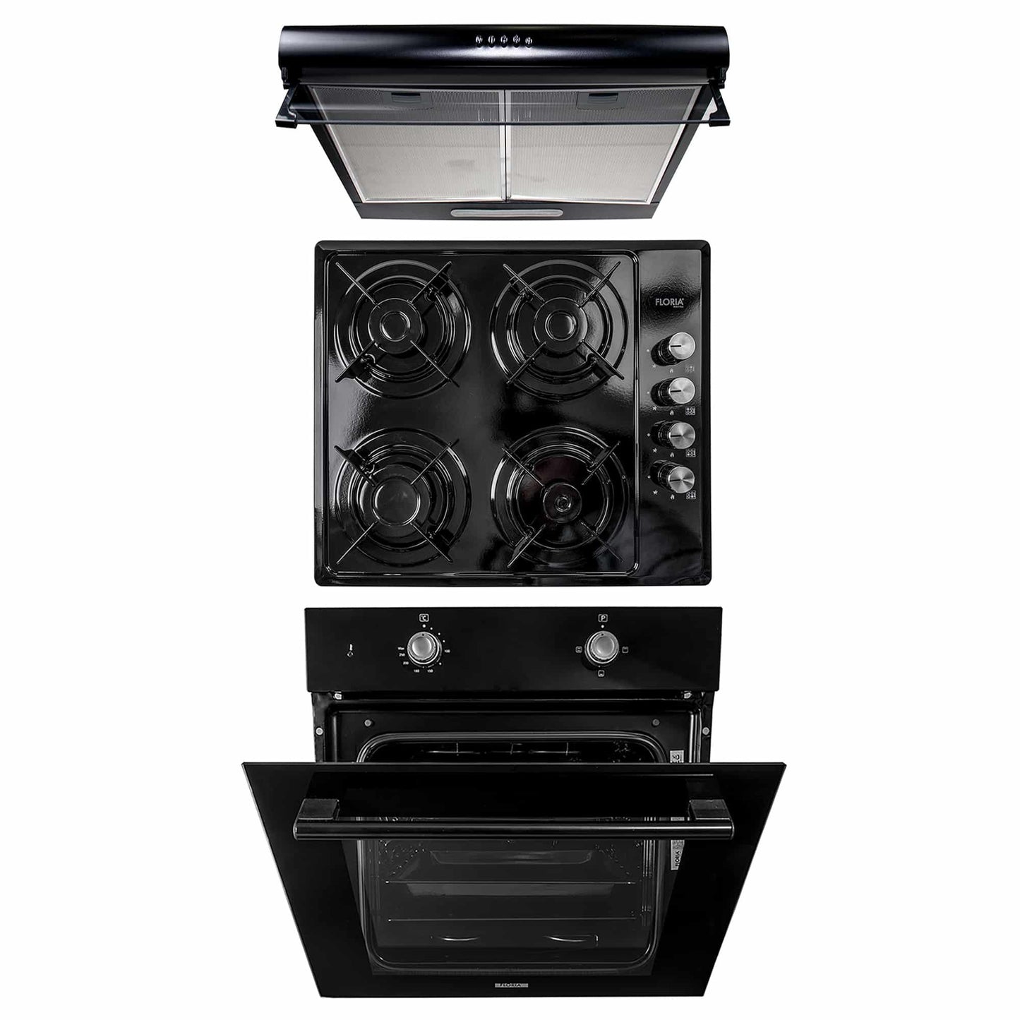 Pachet cuptor electric incorporabil 51L negru + plita gaz 60x50x6cm + hota 2 motoare 190W