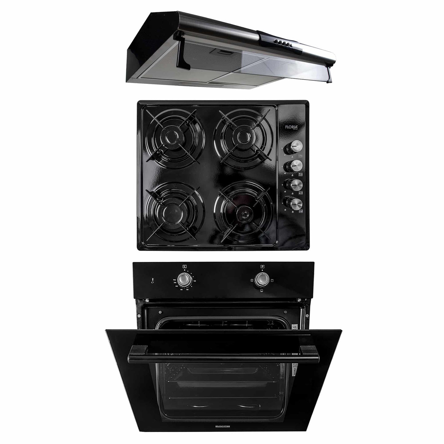Pachet cuptor electric incorporabil 51L + plita gaz incorporabila + hota inox 2 motoare 190W