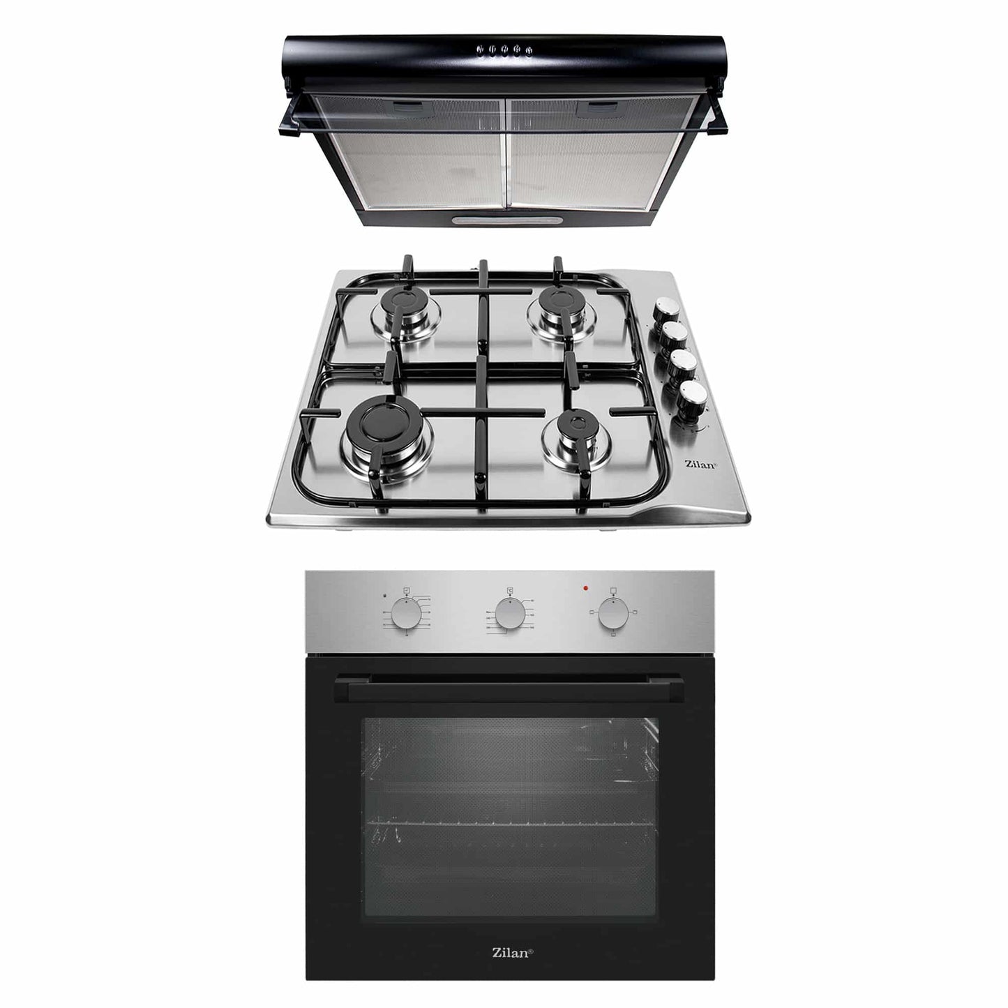 Pachet cuptor electric incorporabil 70L inox + plita gaz 60x50 cm + hota 2 motoare 190W