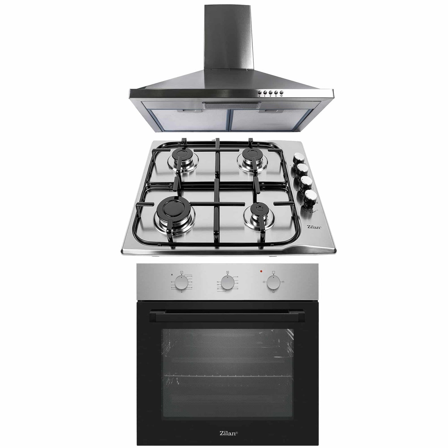 Pachet cuptor electric incorporabil 56x60x56 cm, plita gaz inox 50x60 cm, hota inox 63 cm