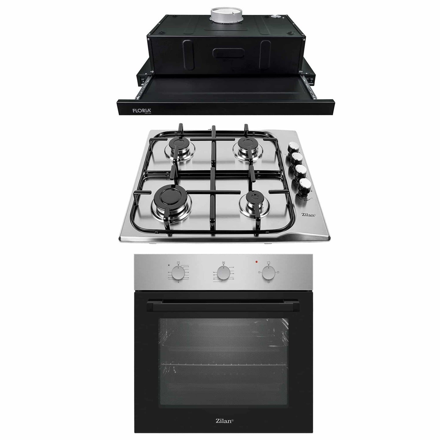 Pachet cuptor incorporabil (0065), 56 x 60 x 56 cm, electric, inox, plita incorporabila inox (0027), 50 X 60 cm, gaz butelie sau gaz natural (duze de schimb incluse), aprindere electrica si hota 1 motor, putere 140W (1895), 60X50 cm / SET 30087