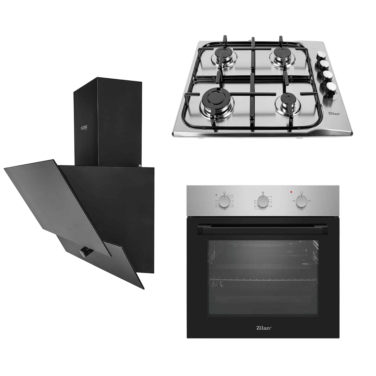 Pachet cuptor incorporabil (0065), 56 x 60 x 56 cm, electric, inox, plita incorporabila inox (0027), 50 X 60 cm, gaz butelie sau gaz natural (duze de schimb incluse), aprindere electrica si hota incorporabila decorativa, 60 cm (1888) / SET 30088
