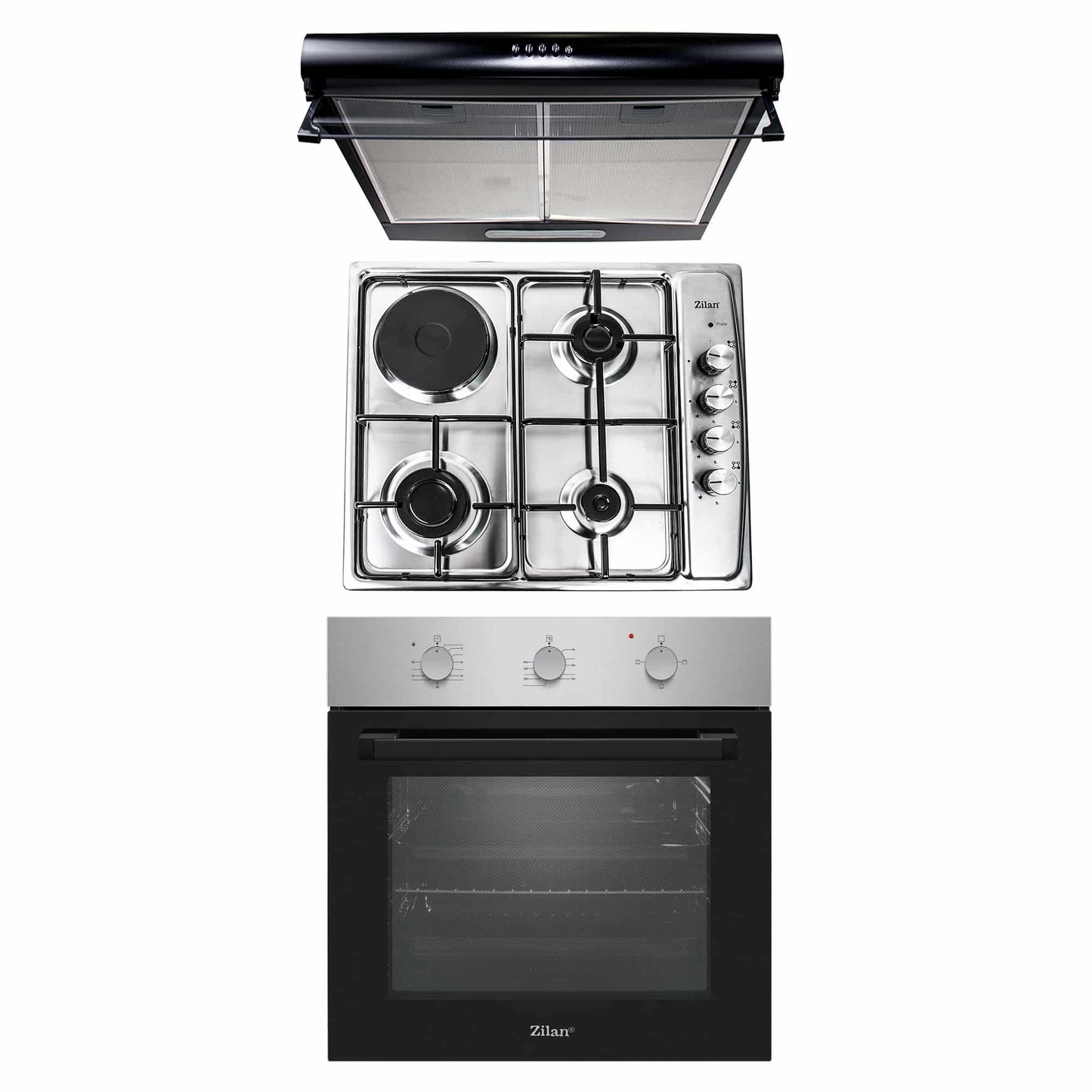 Pachet cuptor electric incorporabil 70L + plita gaz inox + hota 2 motoare 190W