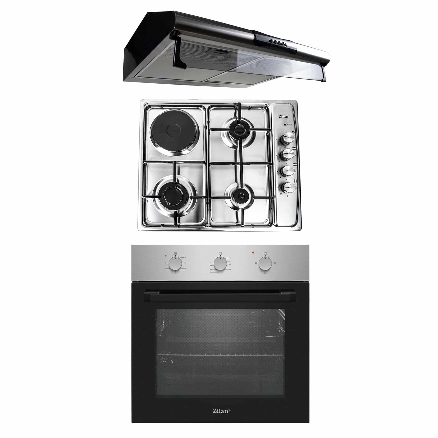 Pachet cuptor electric incorporabil 70L + plita gaz incorporabila + hota 2 motoare inox