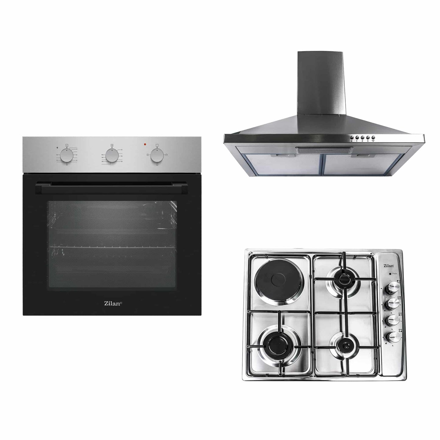 Pachet cuptor electric incorporabil 70L inox + plita gaz incorporabila + hota decorativa inox 63 cm