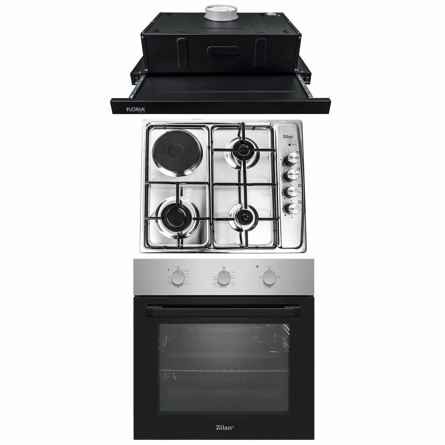 Pachet cuptor incorporabil (0065), 56 x 60 x 56 cm, electric, inox, plita incorporabila (1918), 60x50x6 cm, gaz butelie sau gaz natural (duze de schimb incluse), hota 1 motor, putere 140W (1895), 60X50 cm / SET 30092