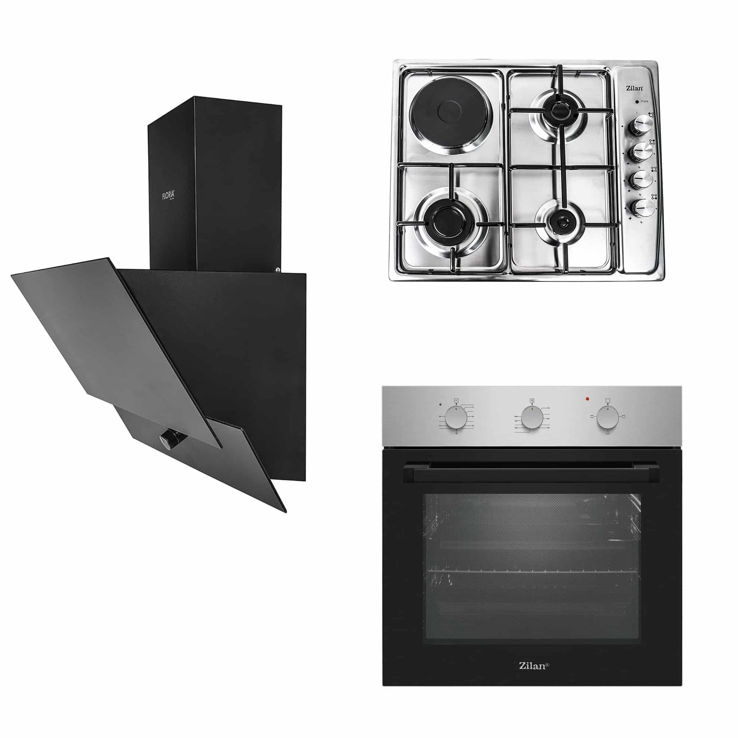 Pachet cuptor electric incorporabil 70L, plita gaz incorporabila si hota decorativa 60 cm