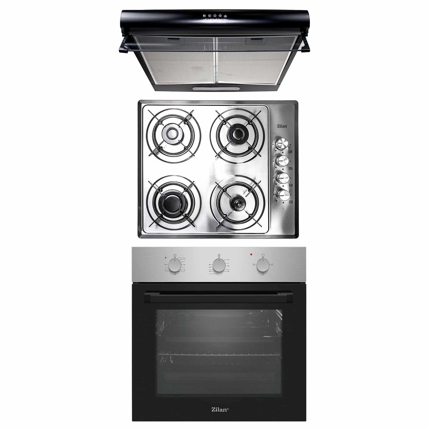 Pachet cuptor electric incorporabil 70L inox + plita gaz inox + hota 2 motoare 190W