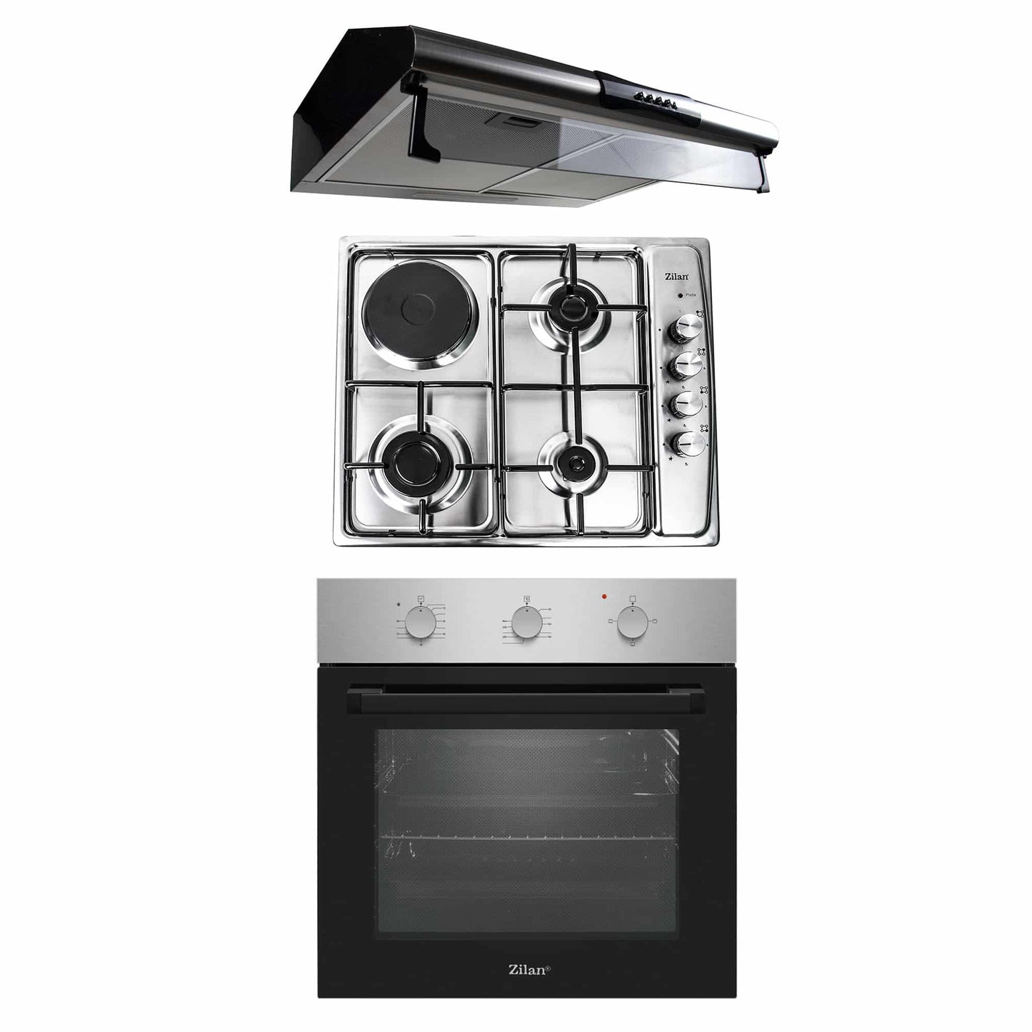 Pachet cuptor electric incorporabil 70L inox + plita gaz incorporabila + hota inox 2 motoare