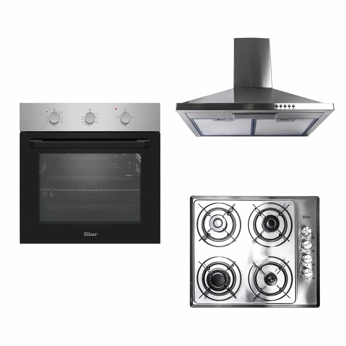 Pachet cuptor electric incorporabil 70L inox + plita gaz incorporabila inox + hota decorativa inox 6