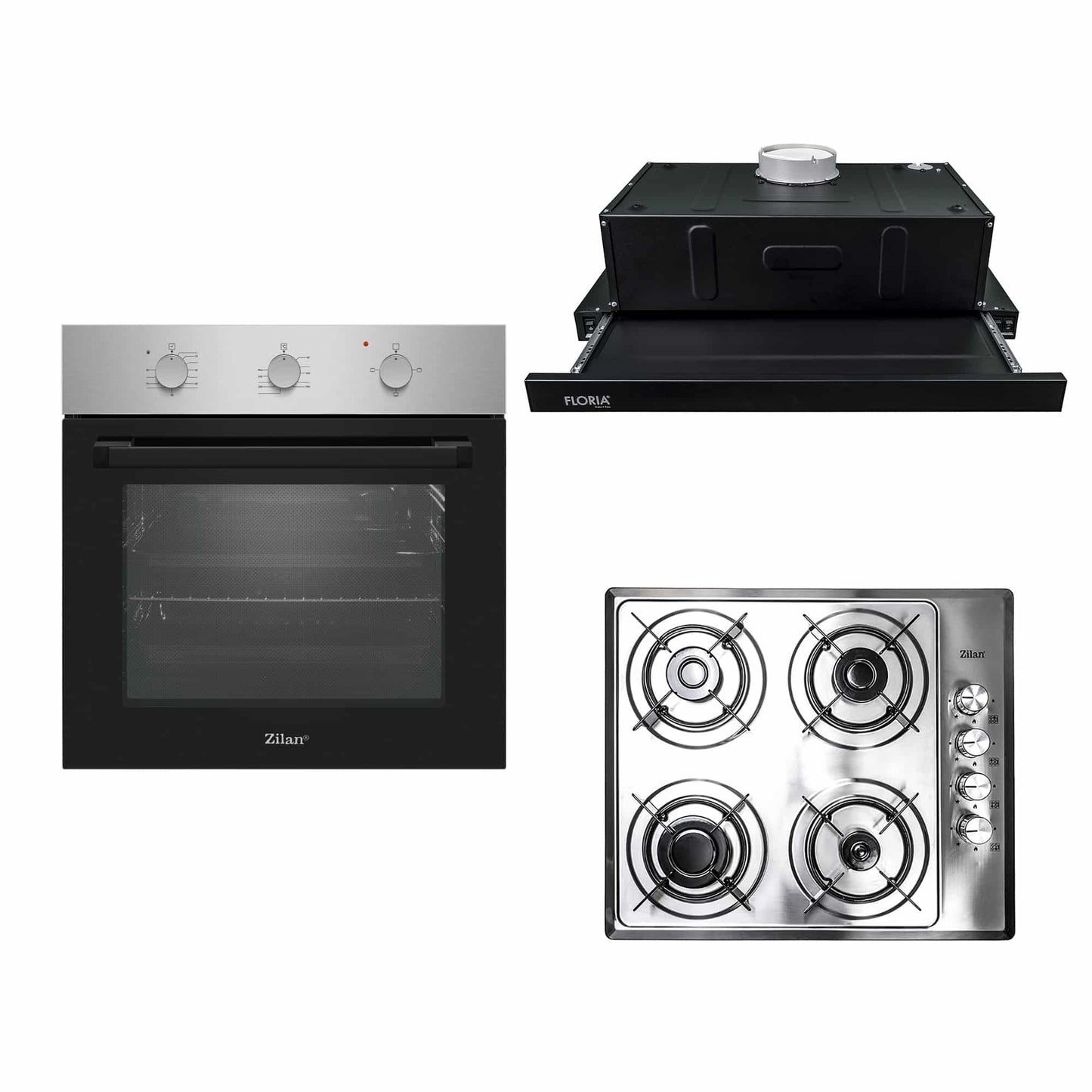 Pachet cuptor electric incorporabil 70L inox + plita gaz incorporabila + hota 140W inox
