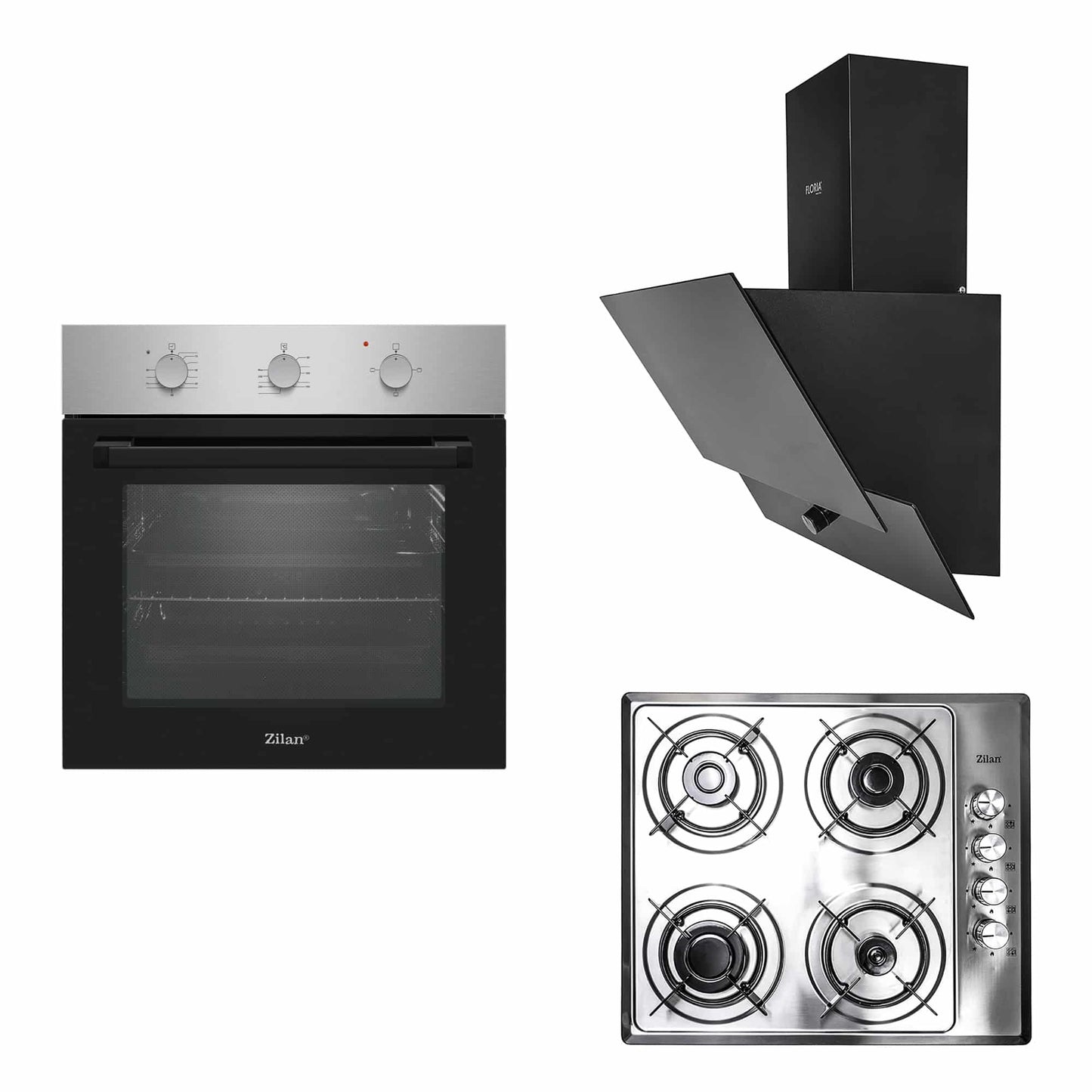 Pachet cuptor electric incorporabil 70L inox + plita gaz incorporabila + hota decorativa 60cm