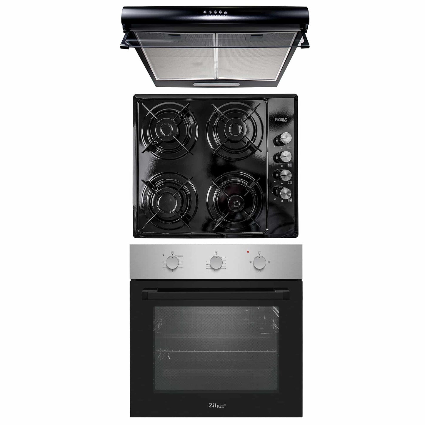Pachet cuptor incorporabil (0065), 56 x 60 x 56 cm, electric, inox, plita incorporabila (1864), 60x50x6cm, gaz butelie sau gaz natural (duze de schimb incluse), hota 2 motoare putere 2 x 95W (6201) / SET 30099