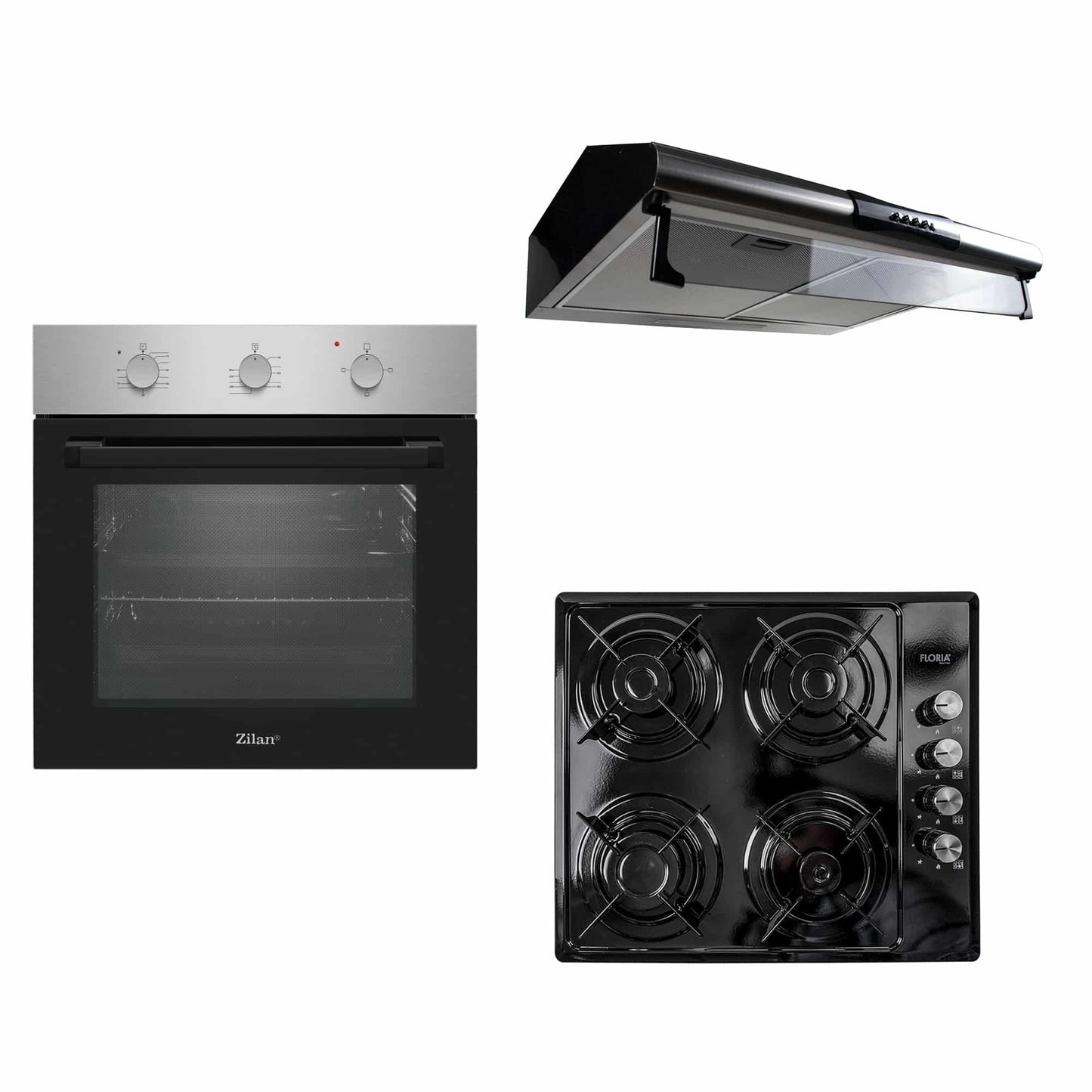 Pachet cuptor electric incorporabil 70L inox + plita gaz incorporabila + hota inox 2 motoare 190W