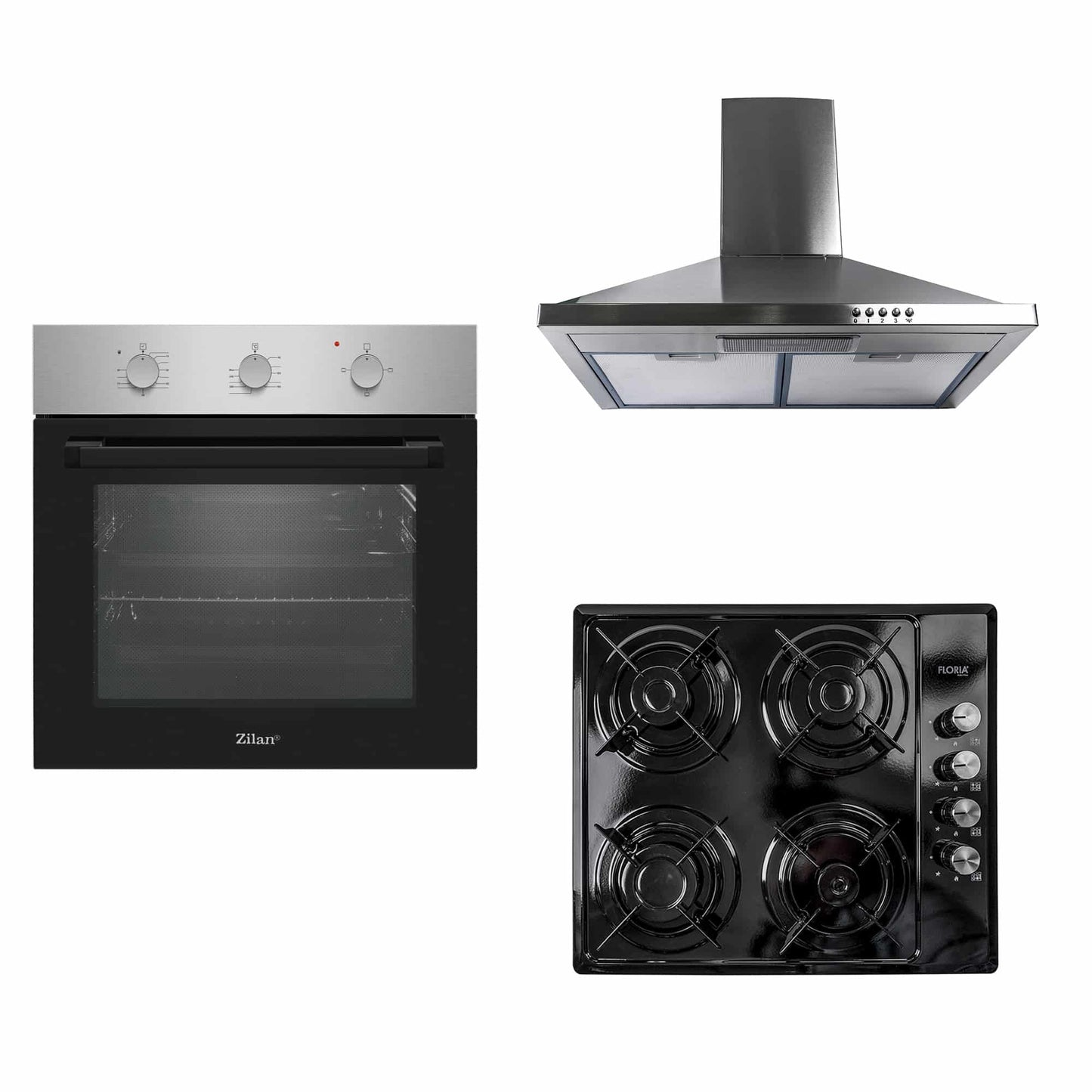 Pachet cuptor incorporabil (0065), 56 x 60 x 56 cm, electric, inox, plita incorporabila (1864), 60x50x6cm, gaz butelie sau gaz natural (duze de schimb incluse), hota incorporabila decorativa inox, 63 cm (1925) / SET 30101