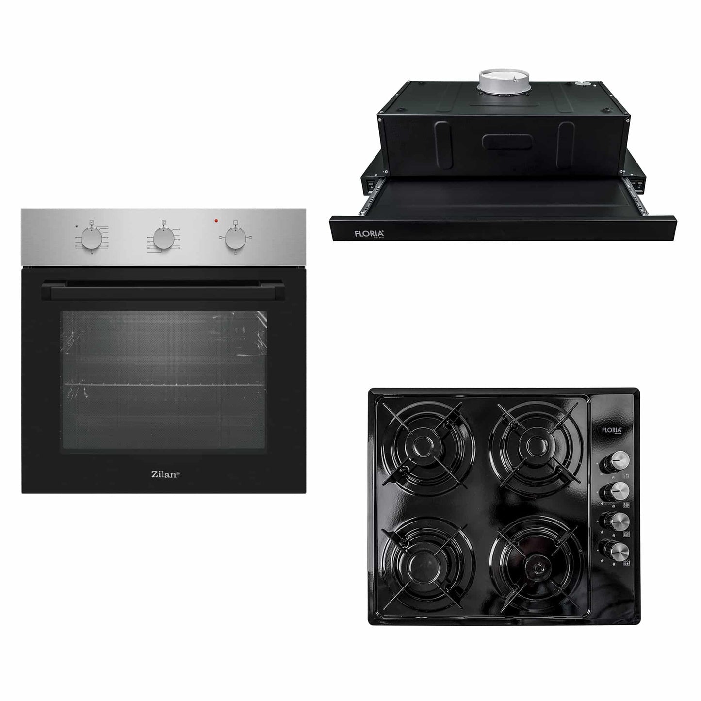 Pachet cuptor incorporabil (0065), 56 x 60 x 56 cm, electric, inox, plita incorporabila (1864), 60x50x6cm, gaz butelie sau gaz natural (duze de schimb incluse), hota 1 motor, putere 140W (1895), 60X50 cm / SET 30102