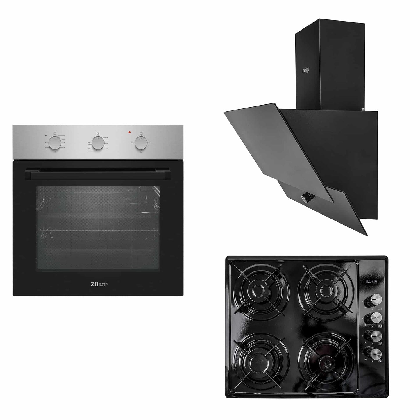 Pachet cuptor electric incorporabil 70L inox + plita gaz 2 arzatoare + hota decorativa 60cm