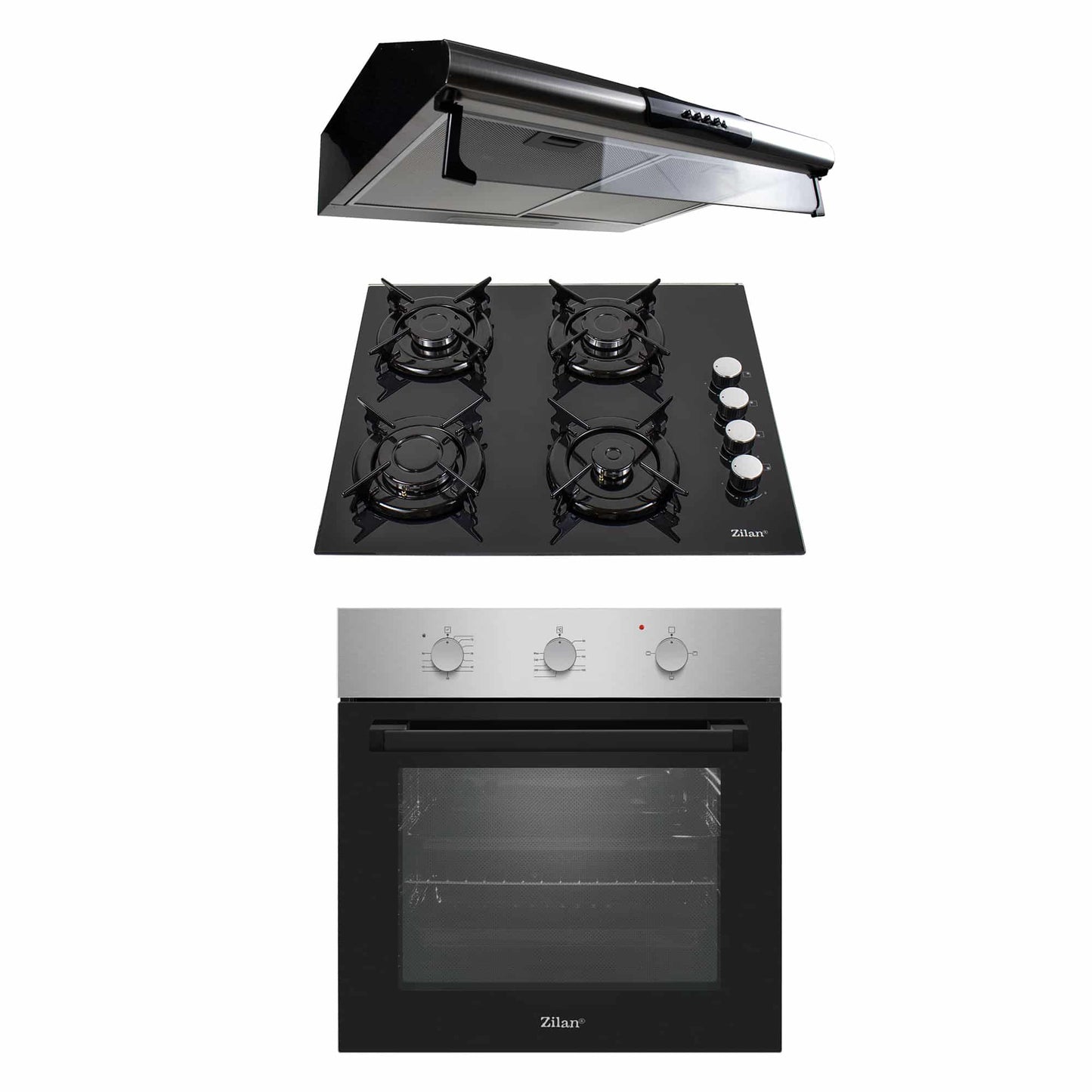 Pachet cuptor electric incorporabil 70L inox + plita gaz incorporabila + hota inox 2 motoare 190W