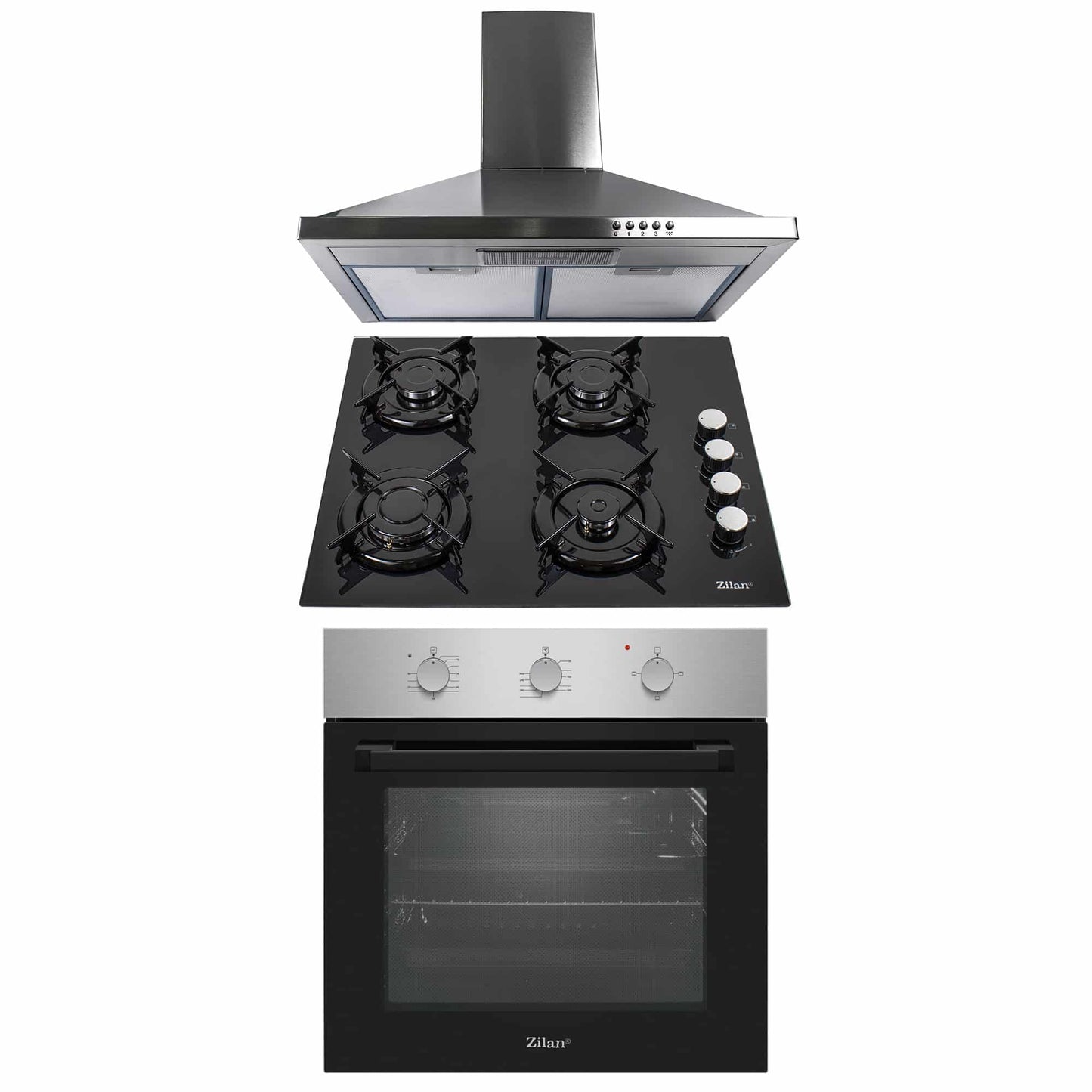 Pachet cuptor electric incorporabil 56x60x56 cm + plita gaz incorporabila + hota inox 63 cm