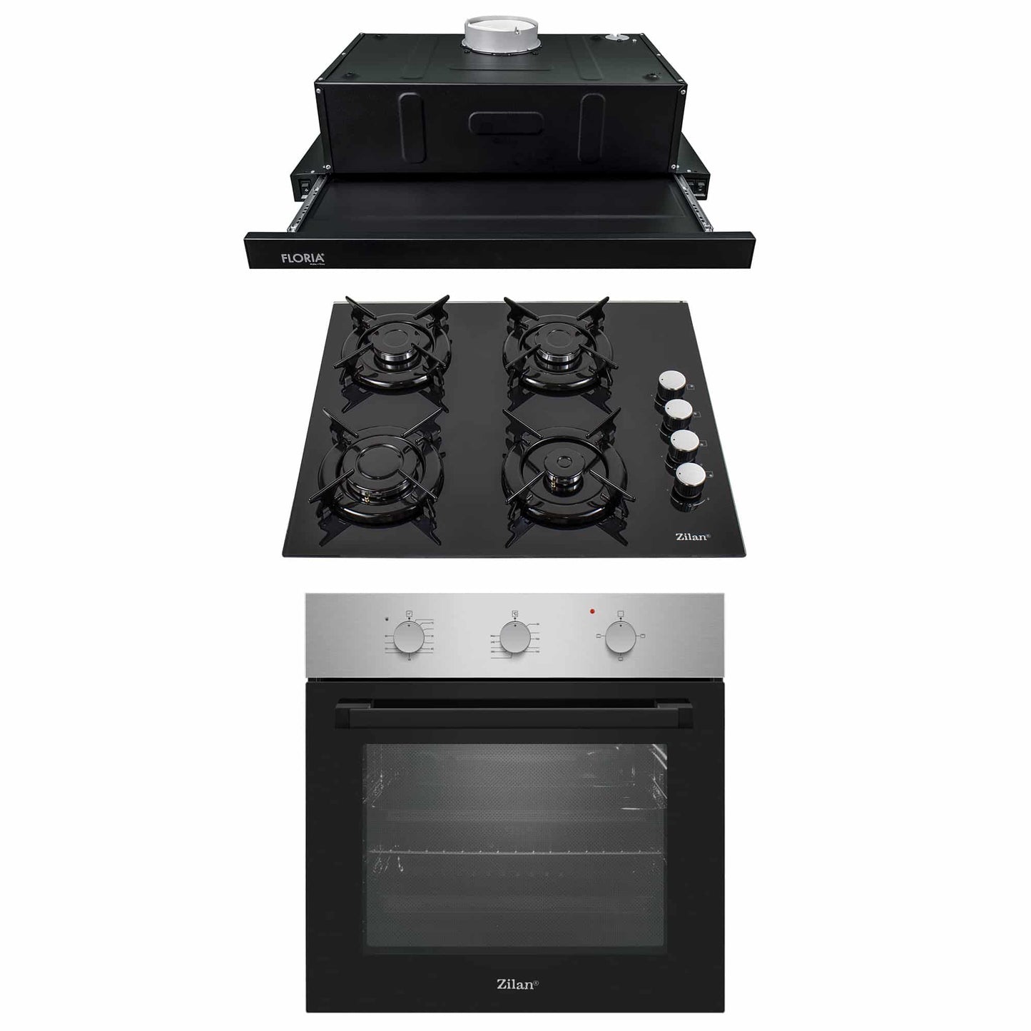 Pachet cuptor incorporabil electric inox 2200W + plita gaz cu aprindere + hota 140W