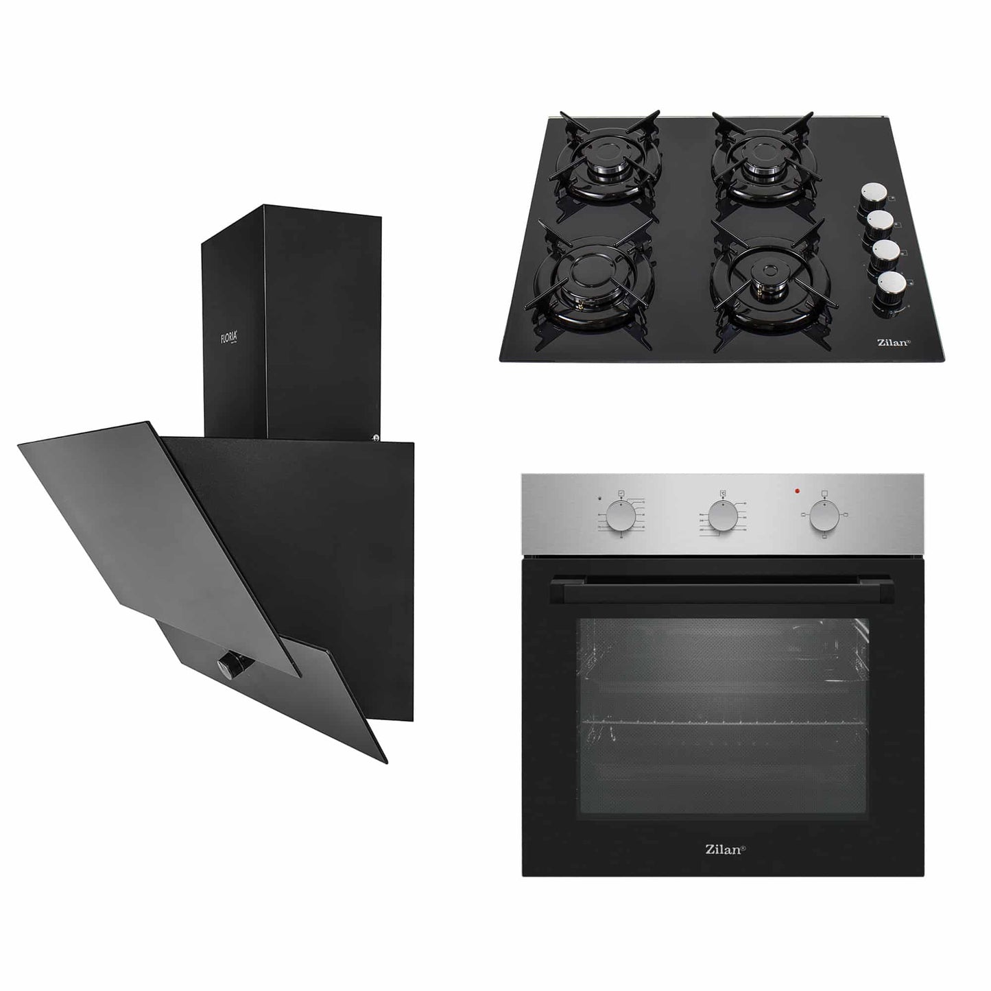 Pachet cuptor electric incorporabil 56x60x56 cm + plita gaz incorporabila + hota decorativa 63 cm