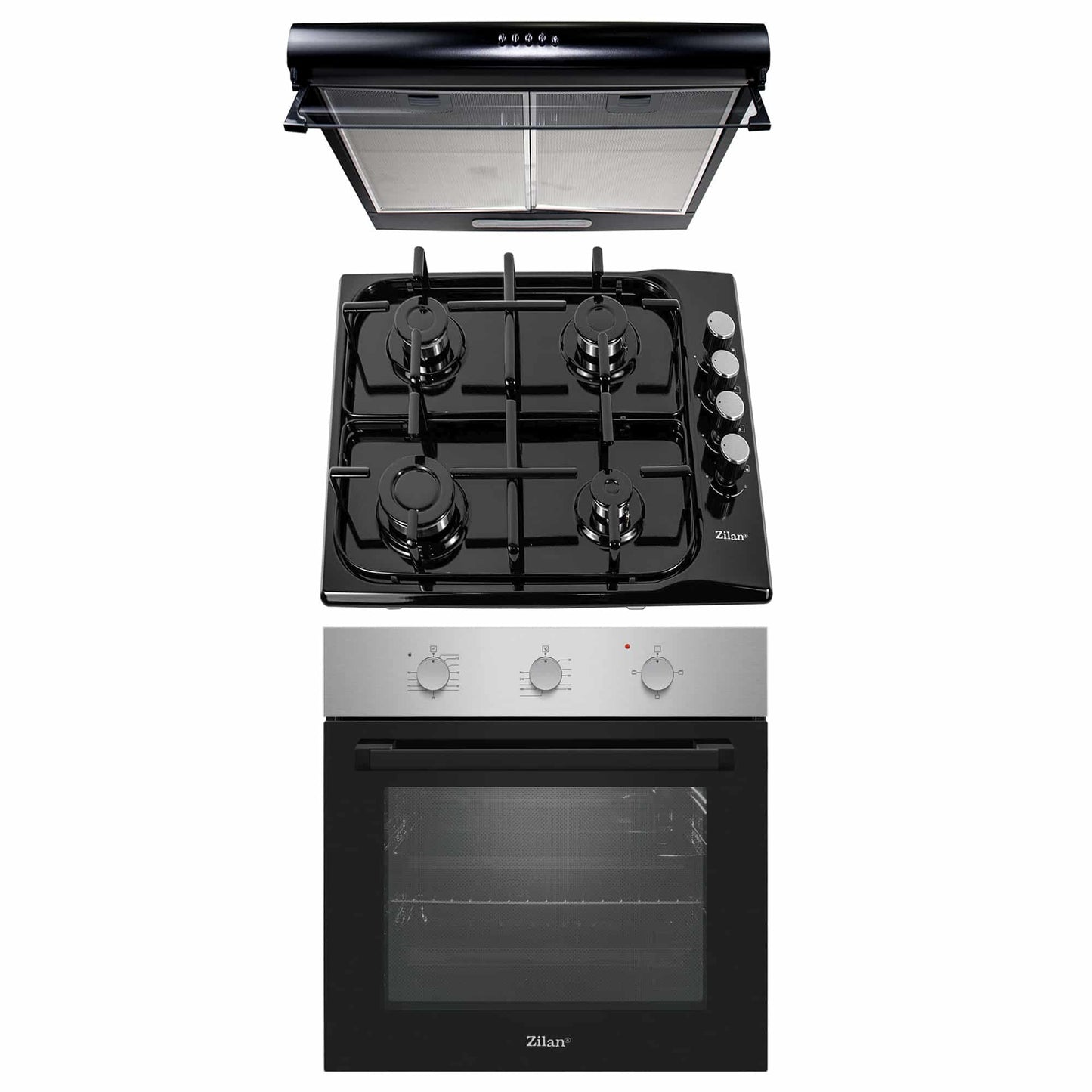 Pachet cuptor electric incorporabil 70L inox + plita gaz incorporabila + hota 2 motoare 190W
