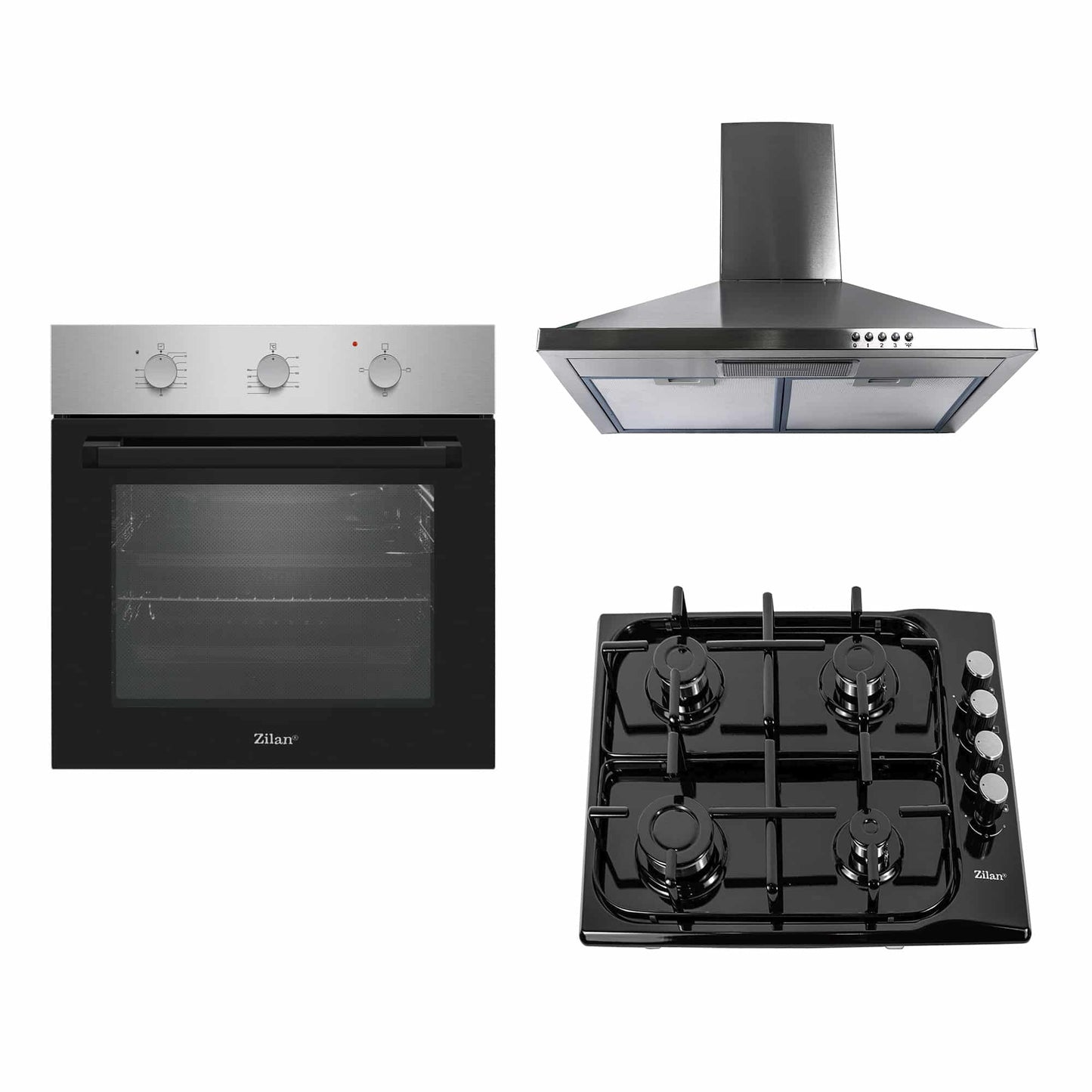 Pachet cuptor electric incorporabil 70L inox + plita gaz incorporabila + hota inox 63 cm