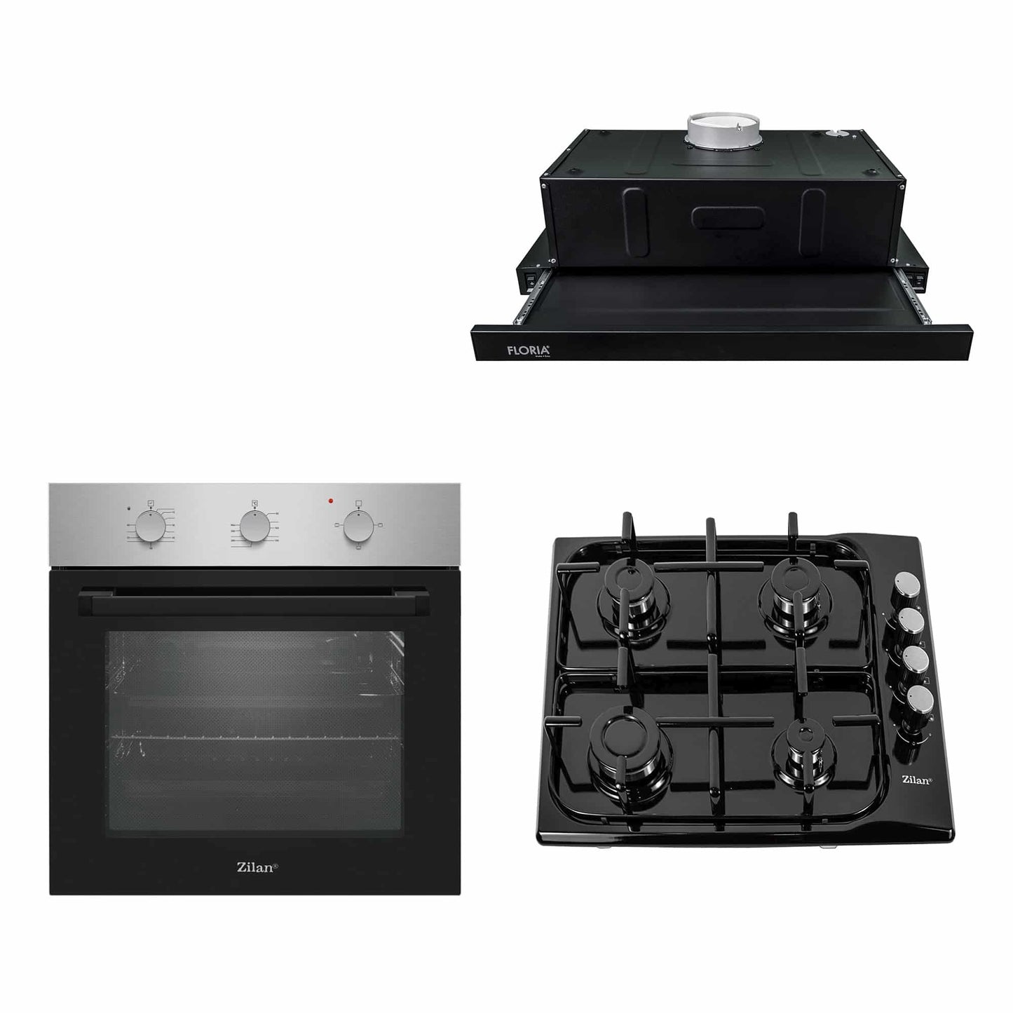Pachet cuptor electric incorporabil 56x60x56 cm, plita gaz incorporabila, hota 60x50 cm, inox