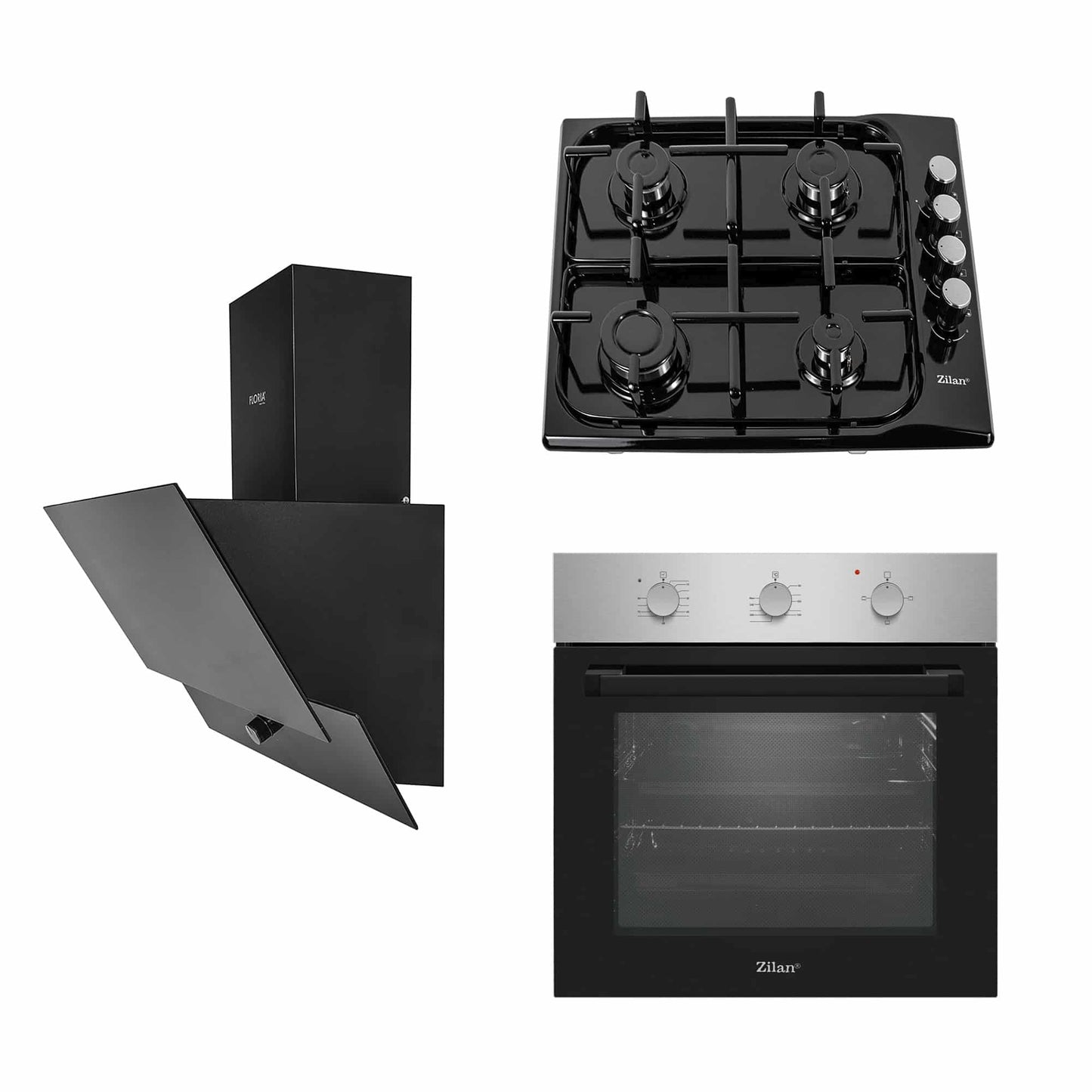 Pachet cuptor electric incorporabil 70L inox + plita gaz incorporabila + hota decorativa 60cm