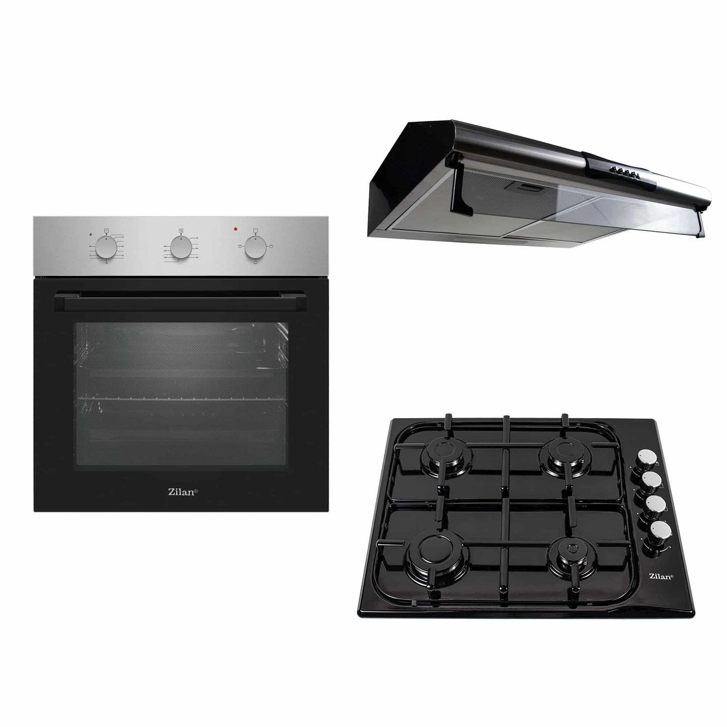 Pachet cuptor electric incorporabil 70L inox + plita gaz + hota perete 2 motoare inox