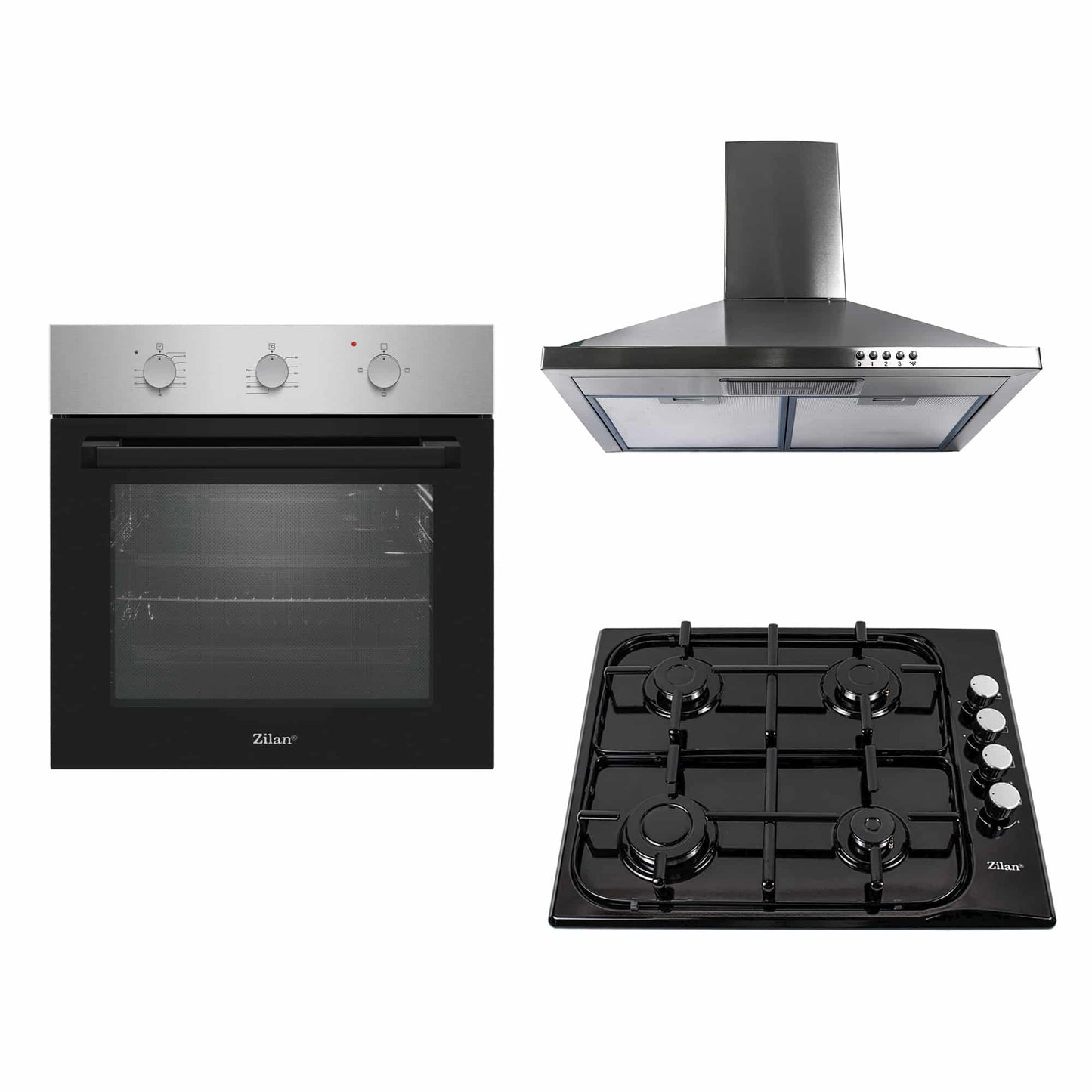 Pachet cuptor electric incorporabil 70L inox + plita gaz incorporabila + hota inox 63 cm