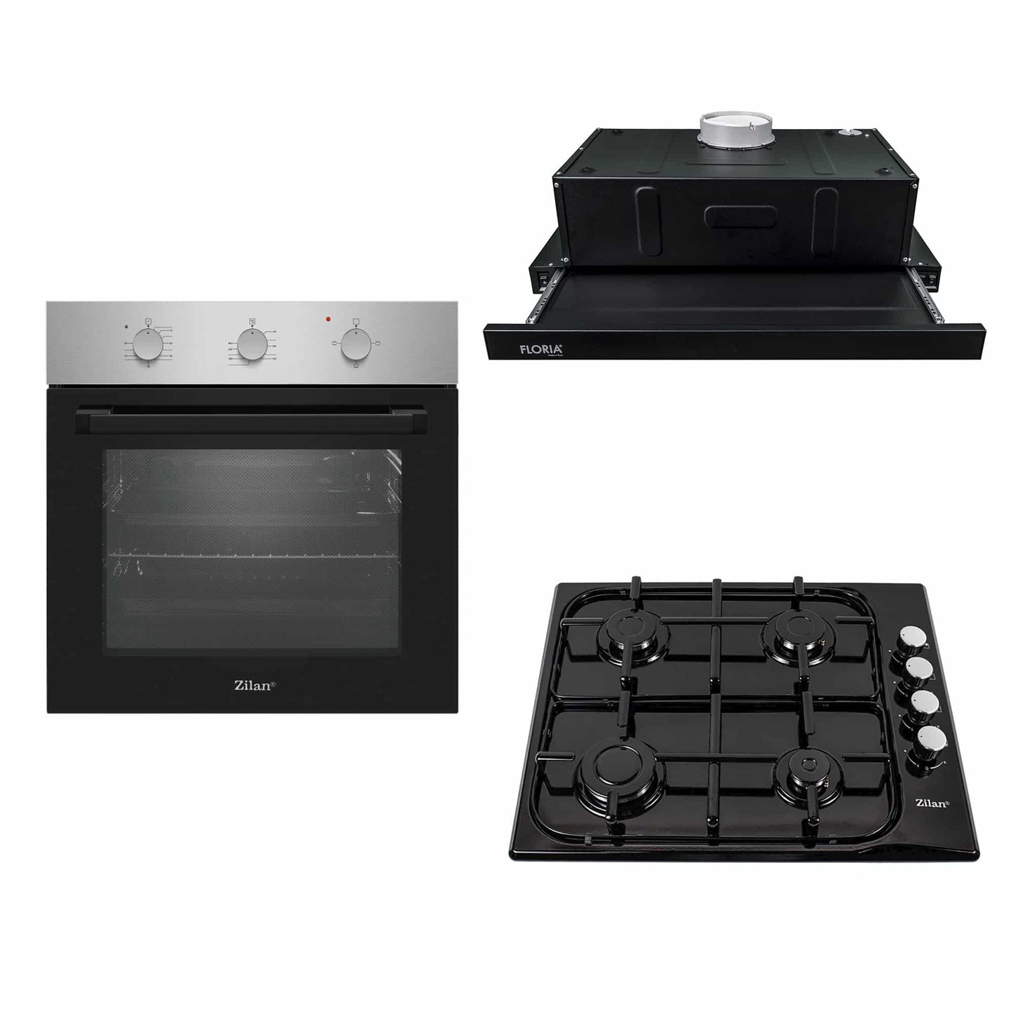 Pachet cuptor electric incorporabil 70L inox + plita gaz 2 arzatoare + hota incorporabila 140W