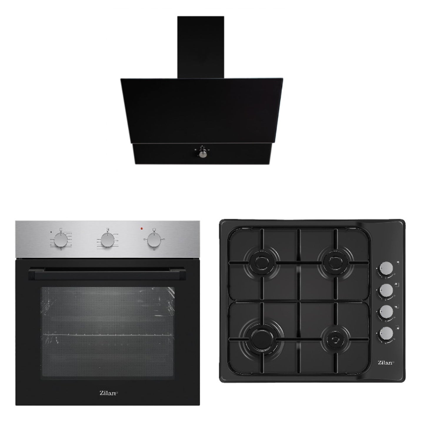 Pachet cuptor electric 2200W, 70L + hota incorporabila 650 m3/h + plita gaz 4 arzatoare neagra