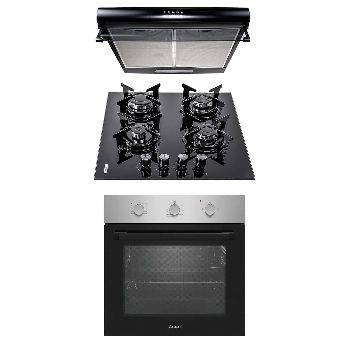 Pachet cuptor electric incorporabil 70L inox + plita gaz sticla + hota 2 motoare 190W