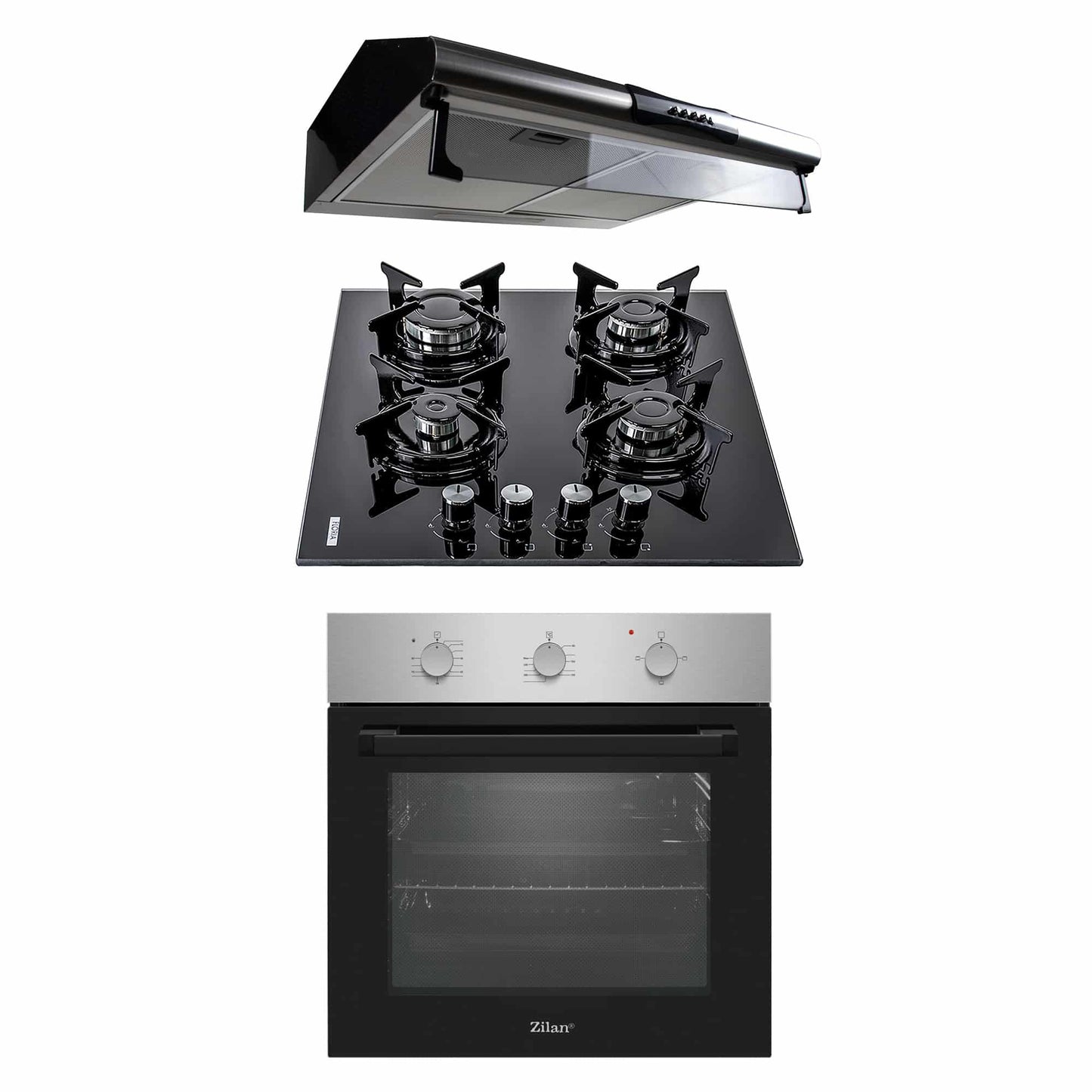 Pachet cuptor electric incorporabil inox 70l + plita gaz sticla + hota perete 2 motoare inox