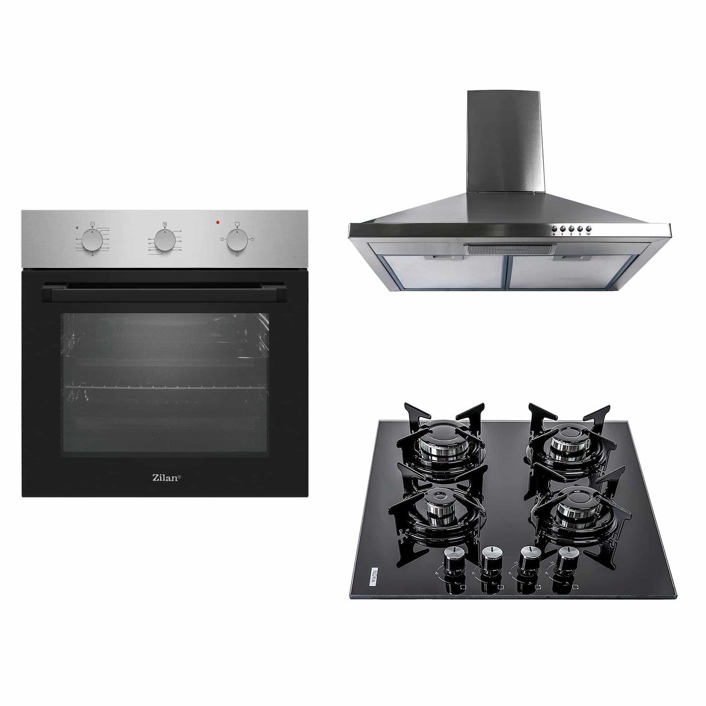 Pachet cuptor electric 70L inox + plita gaz sticla securizata + hota incorporabila inox 63 cm