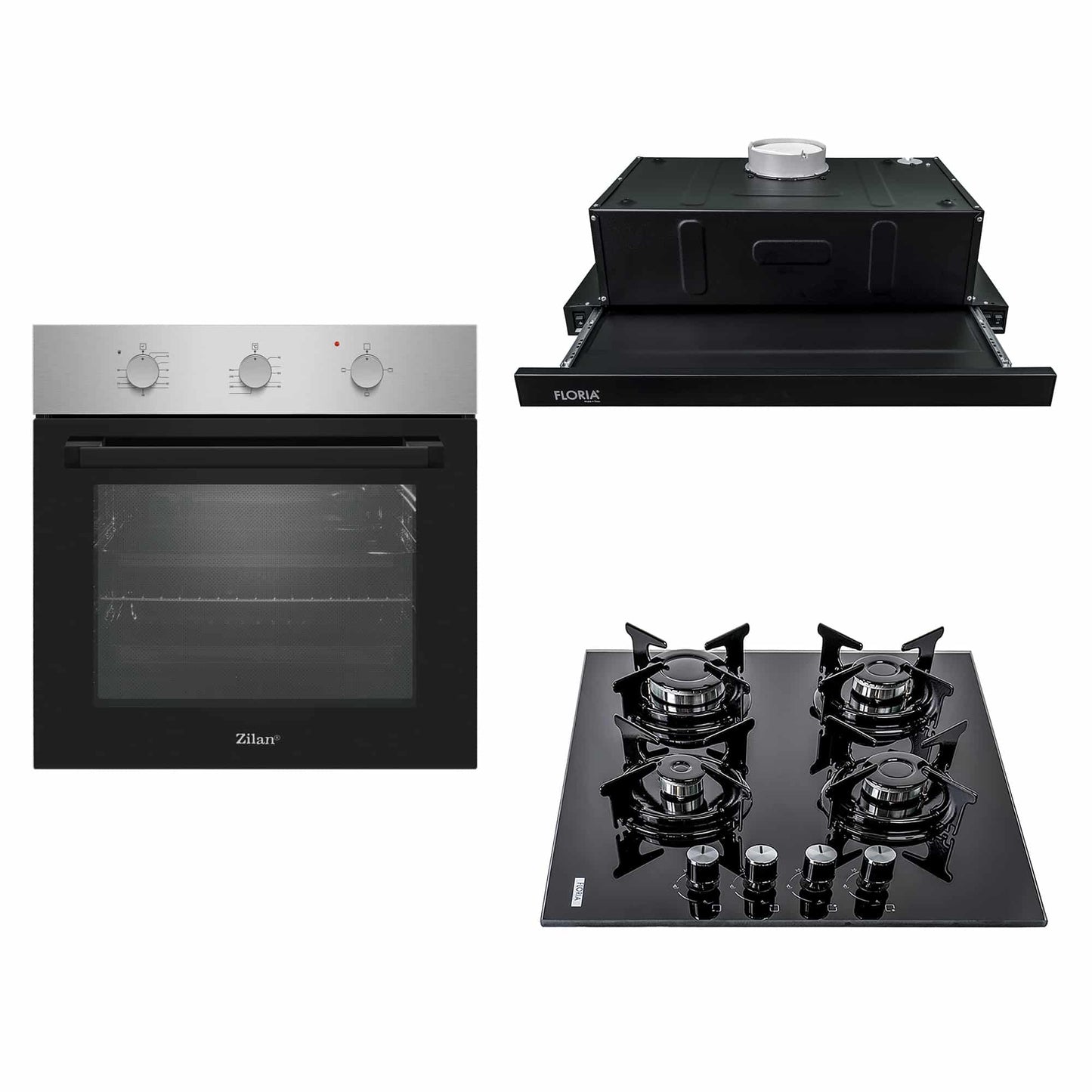 Pachet cuptor electric incorporabil 70L inox + plita gaz sticla + hota incorporabila 140W