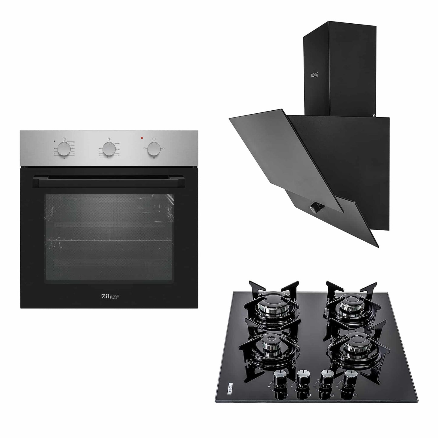Pachet cuptor electric incorporabil 70L inox + plita gaz sticla securizata + hota incorporabila 60 c