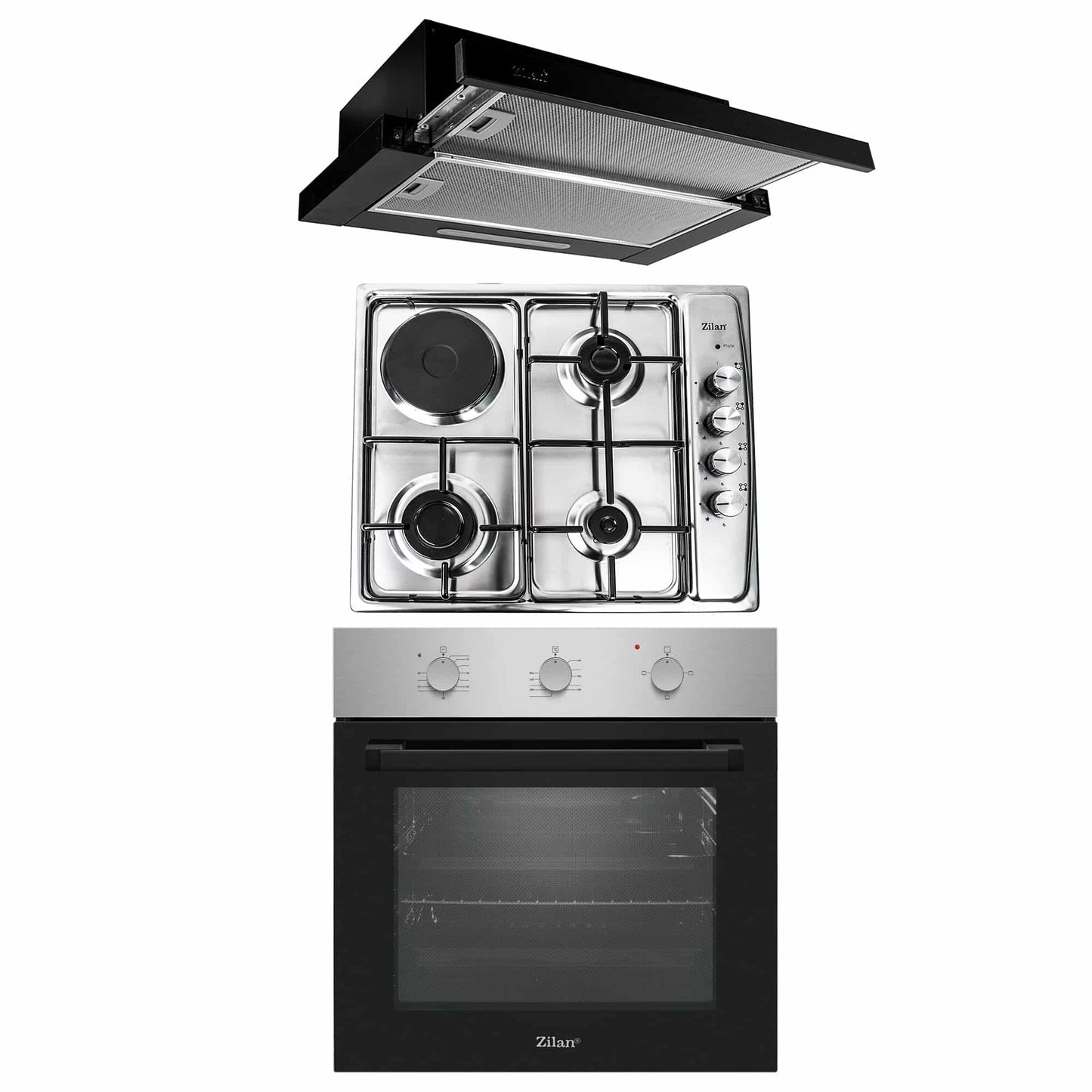 Pachet cuptor electric incorporabil 70L inox + plita gaz 2 arzatoare + hota telescopica 2 motoare