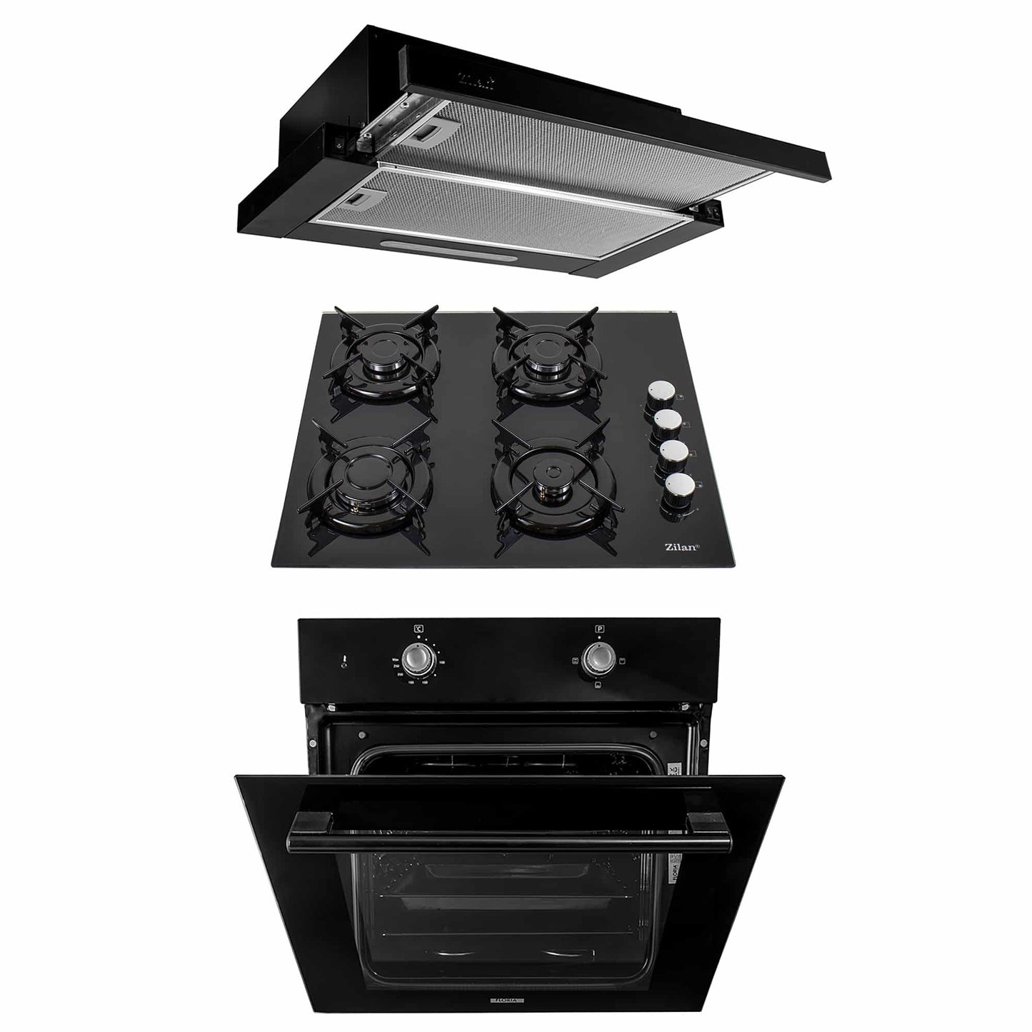 Pachet cuptor electric incorporabil 51L + plita gaz incorporabila si hota telescopica 2 motoare