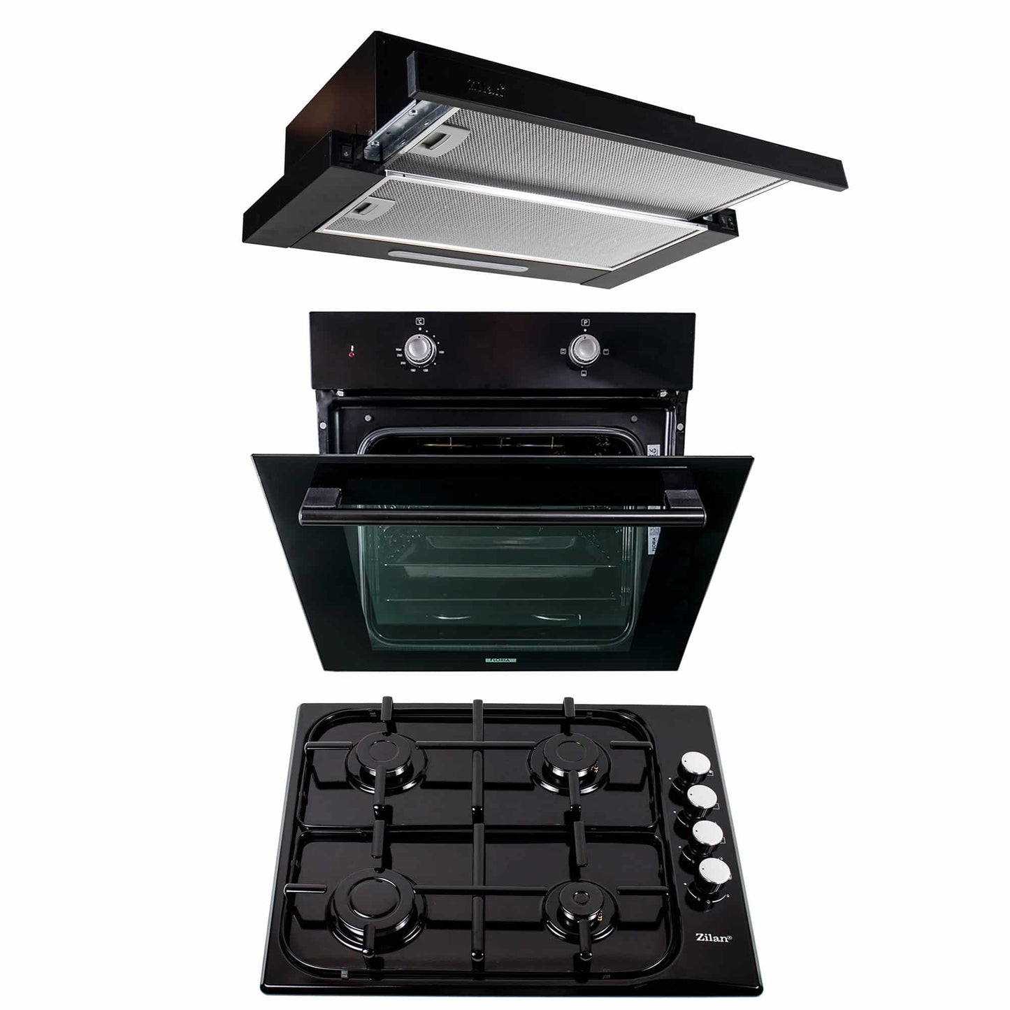Pachet cuptor electric incorporabil 51L + plita gaz incorporabila + hota telescopica 2 motoare