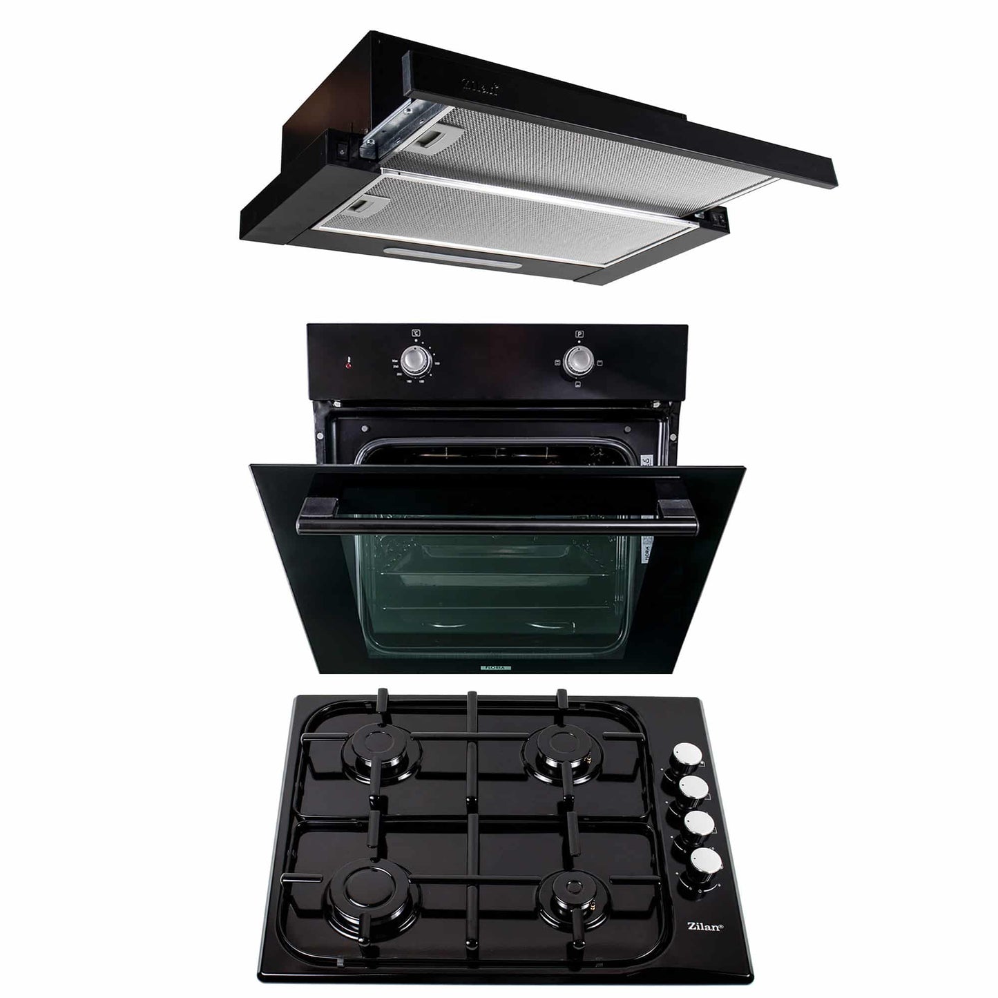 Pachet cuptor electric incorporabil 51L + plita gaz 50x60 cm + hota telescopica 2 motoare