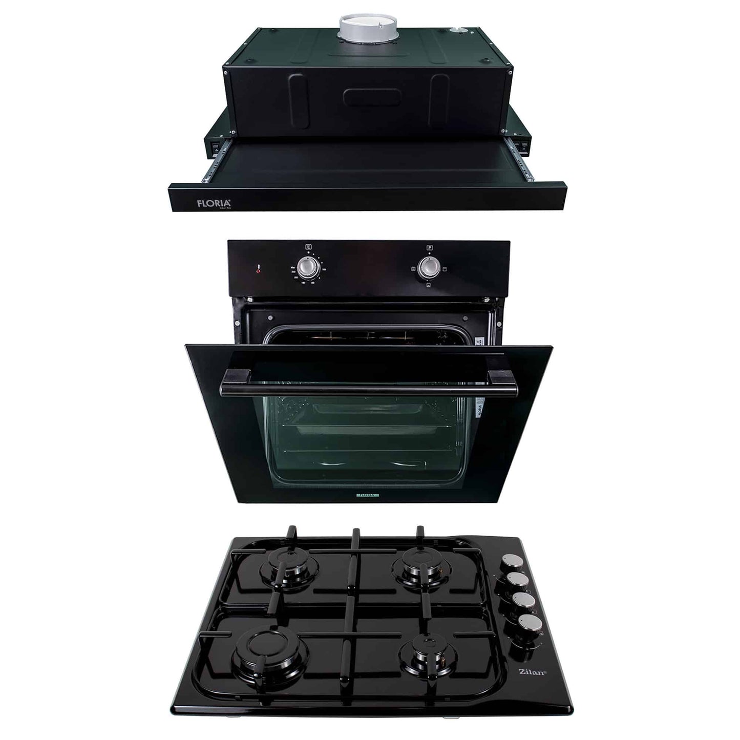 Pachet cuptor electric incorporabil 51L, plita gaz 50x60 cm, hota incorporabila 60x50 cm
