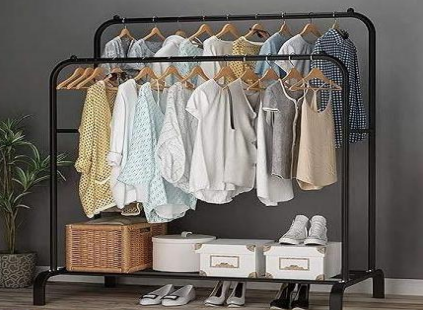 Suport dublu pentru haine Drying Rack, cu poliță și roți, 145 × 96 × 46 cm – imagine 1