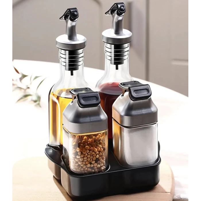 Set de recipiente pentru ulei, oțet și condimente, cu suport, 5 piese – imagine 4