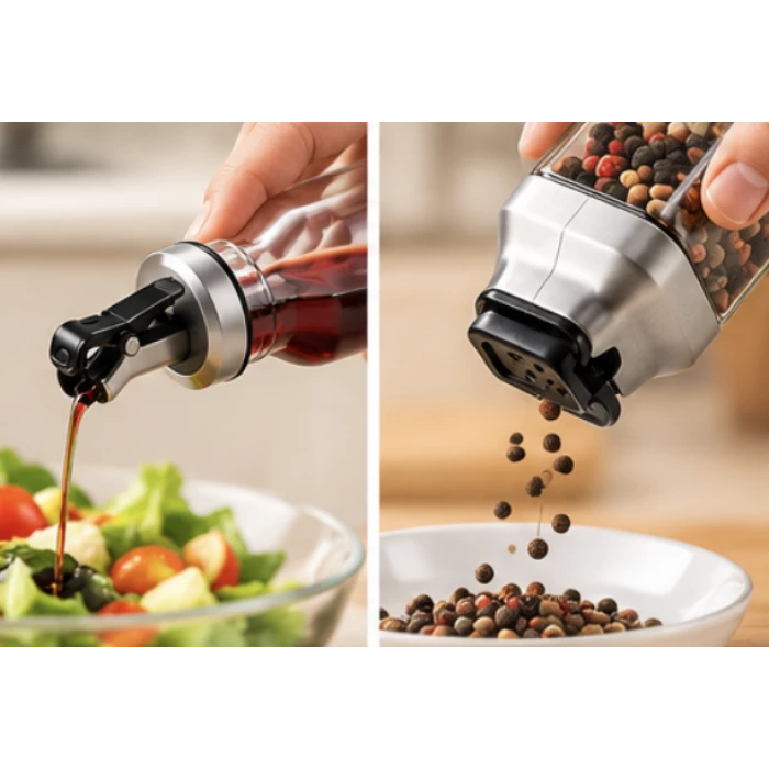 Set de recipiente pentru ulei, oțet și condimente, cu suport, 5 piese – imagine 2