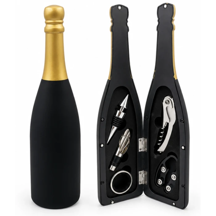 Set de accesorii pentru vin, în cutie tip sticlă de șampanie – imagine 1